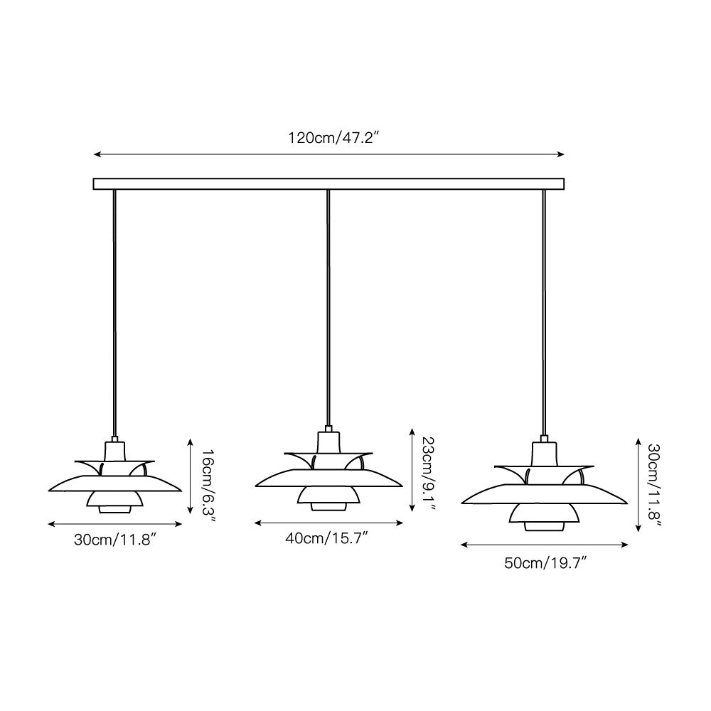 Three-head configuration of the PH pendant lamp over a dining table.