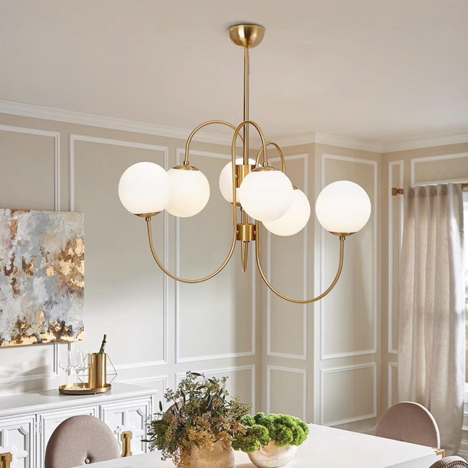 Lustra Chandelier Brass Globe Cluster Curved Arm-Neutral Decor