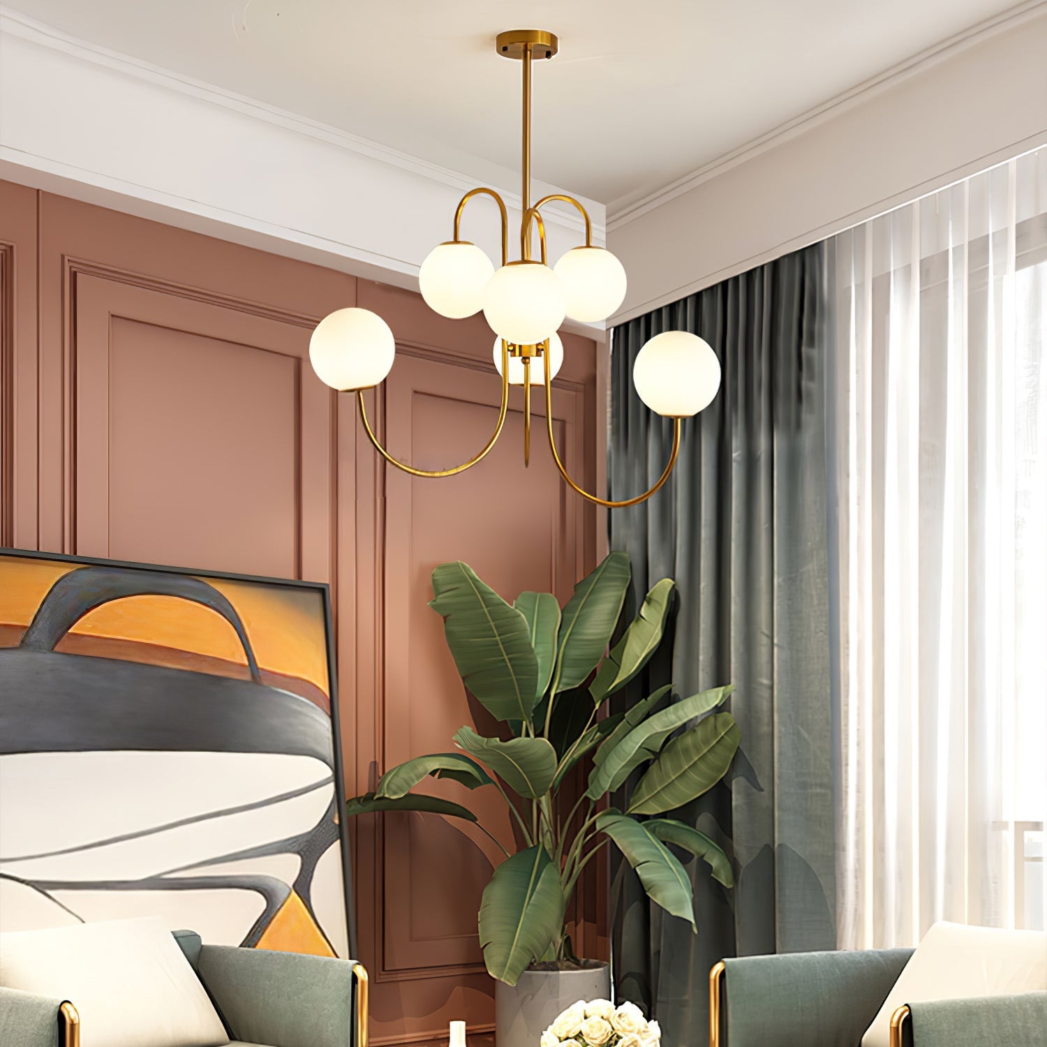 Lustra Chandelier Brass Globe Cluster Curved Arm-Neutral Decor