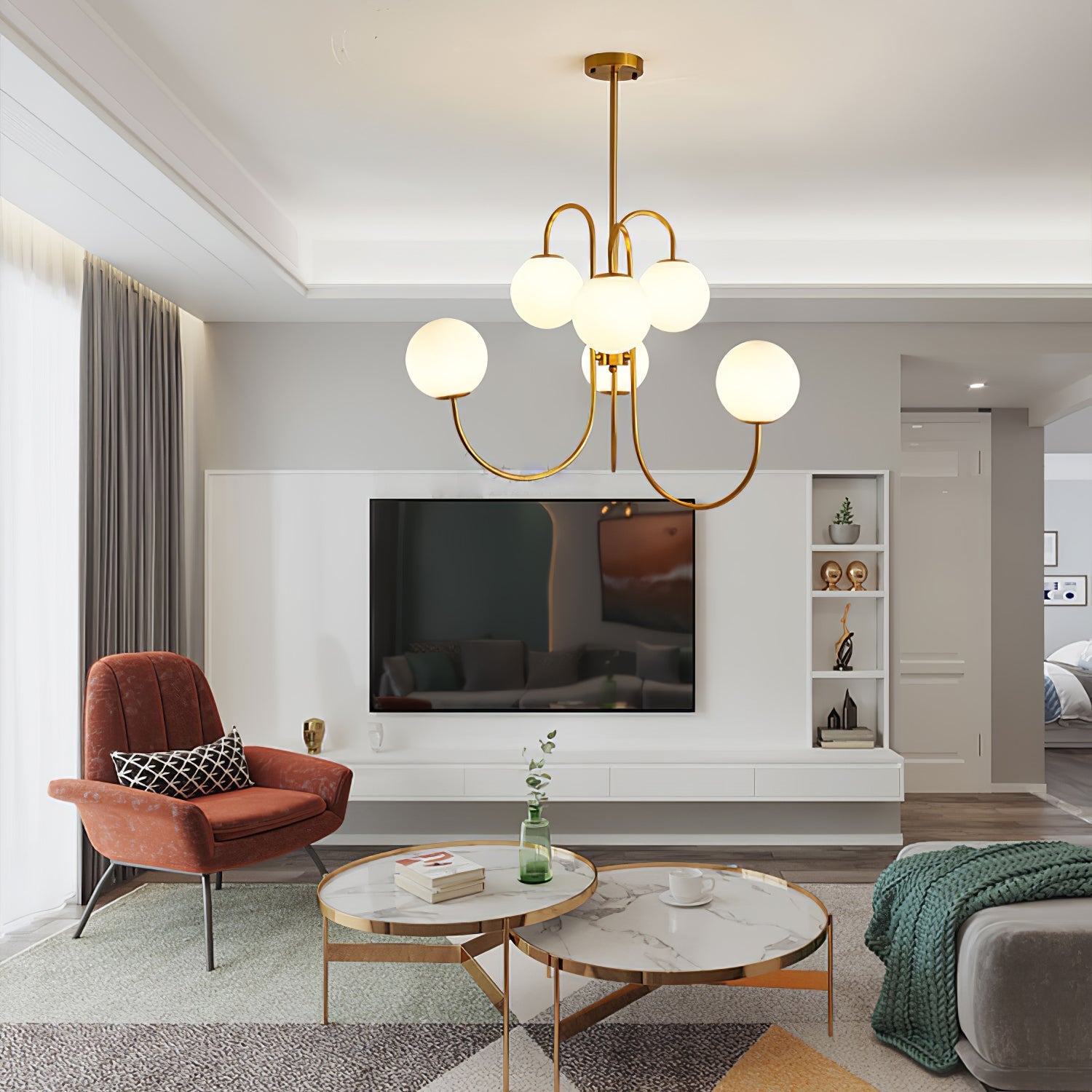 Lustra Chandelier Brass Globe Cluster Curved Arm-Neutral Decor