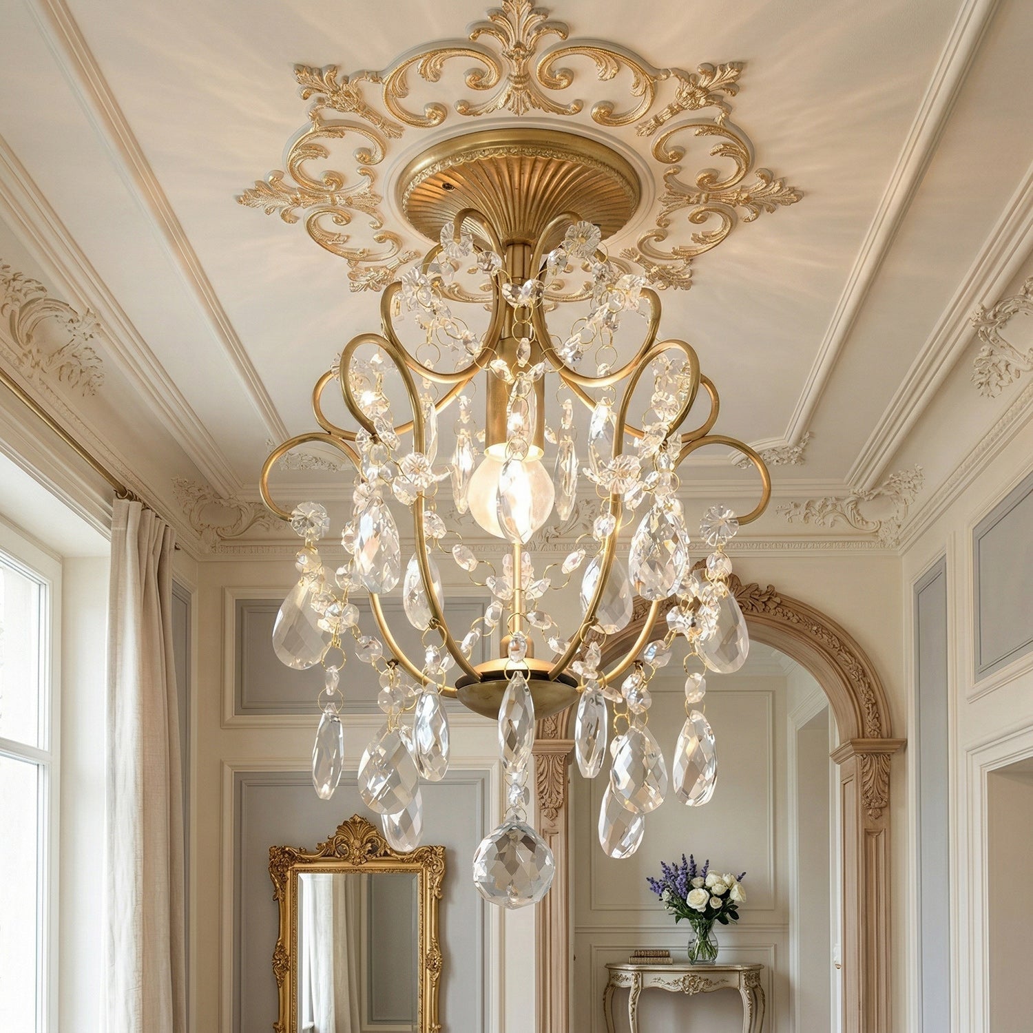 Detailed view of the crystal decorations on the Gossly lamp.