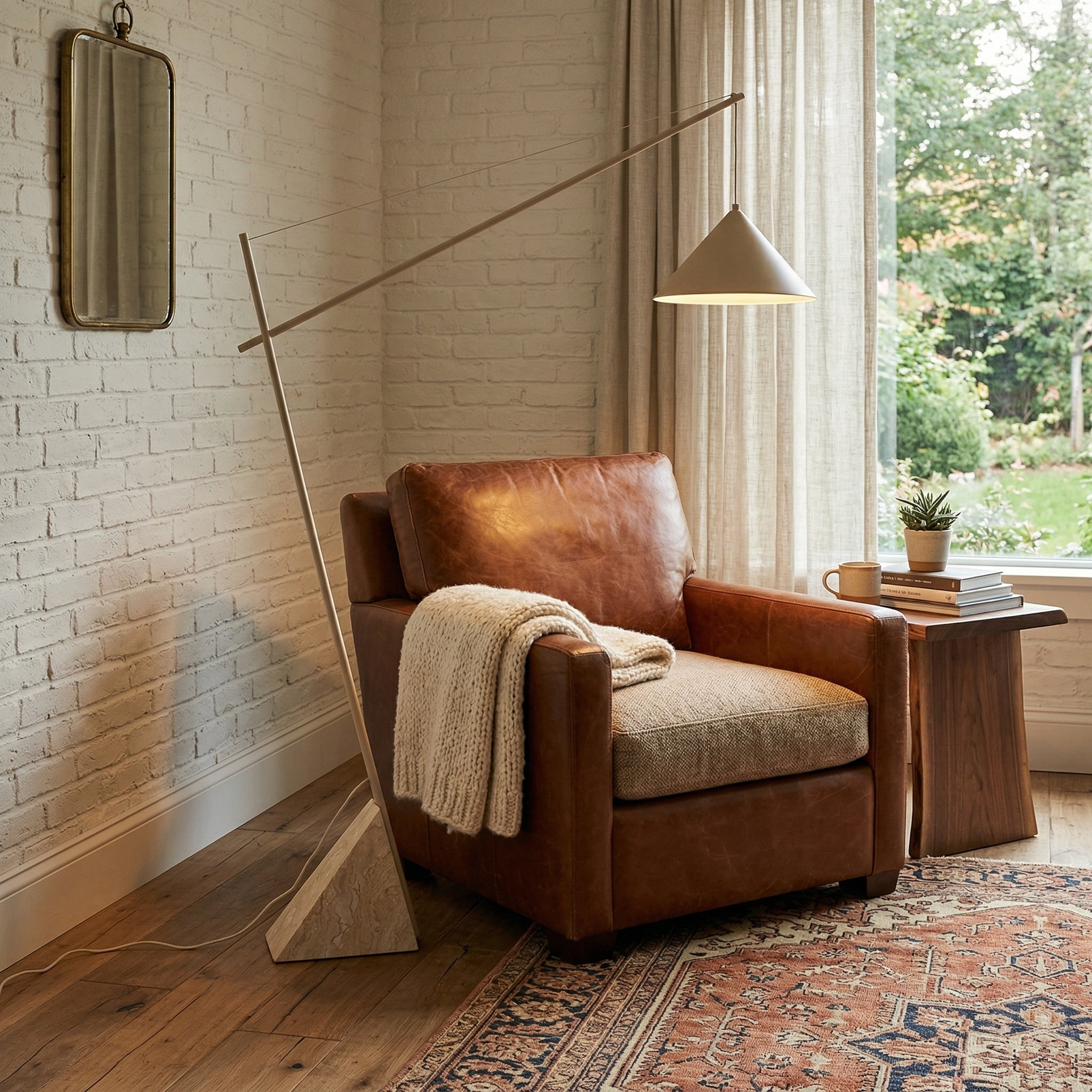 Detail shot of the sleek metal body and beige lampshade connection.