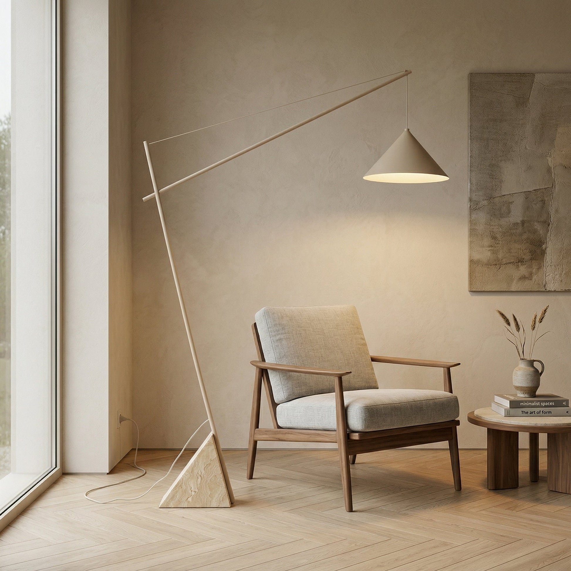 View from above showing the wide beige lampshade of the floor lamp.