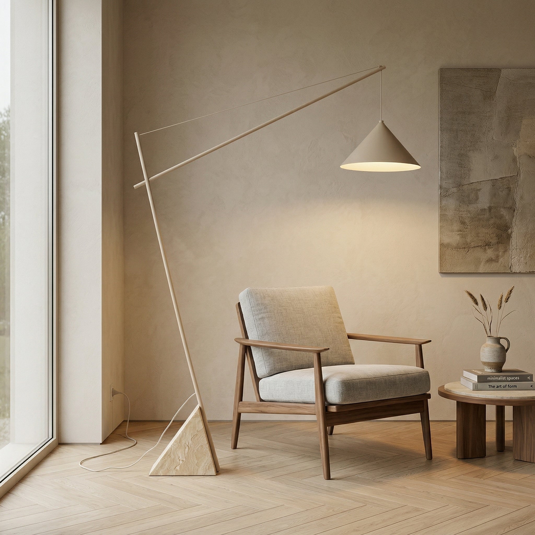 View from above showing the wide beige lampshade of the floor lamp.