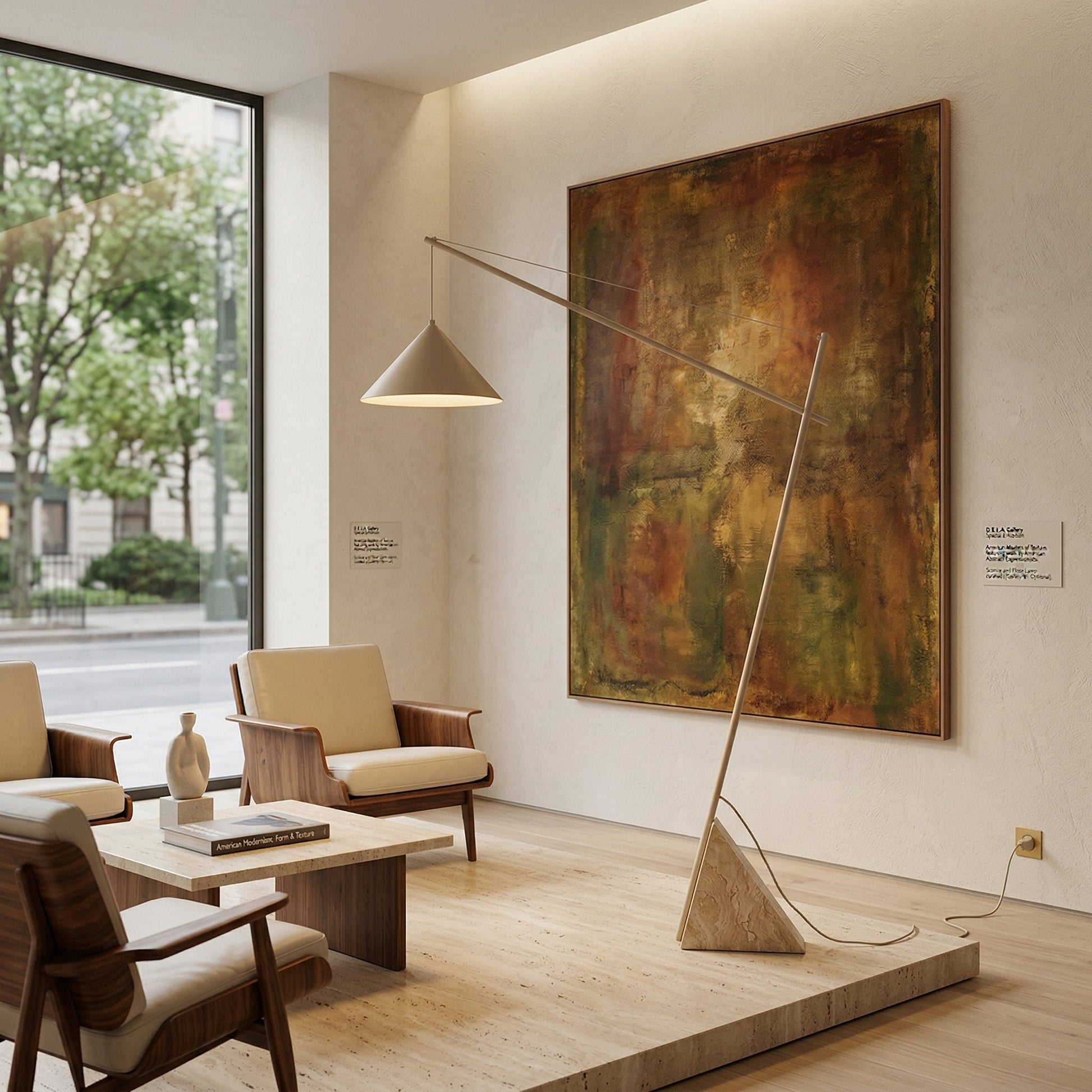 The floor lamp illuminating a cozy reading corner.
