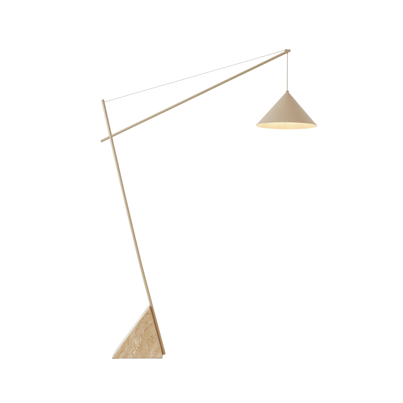 Grande Travertine Floor Lamp with a beige metal shade and natural stone base.
