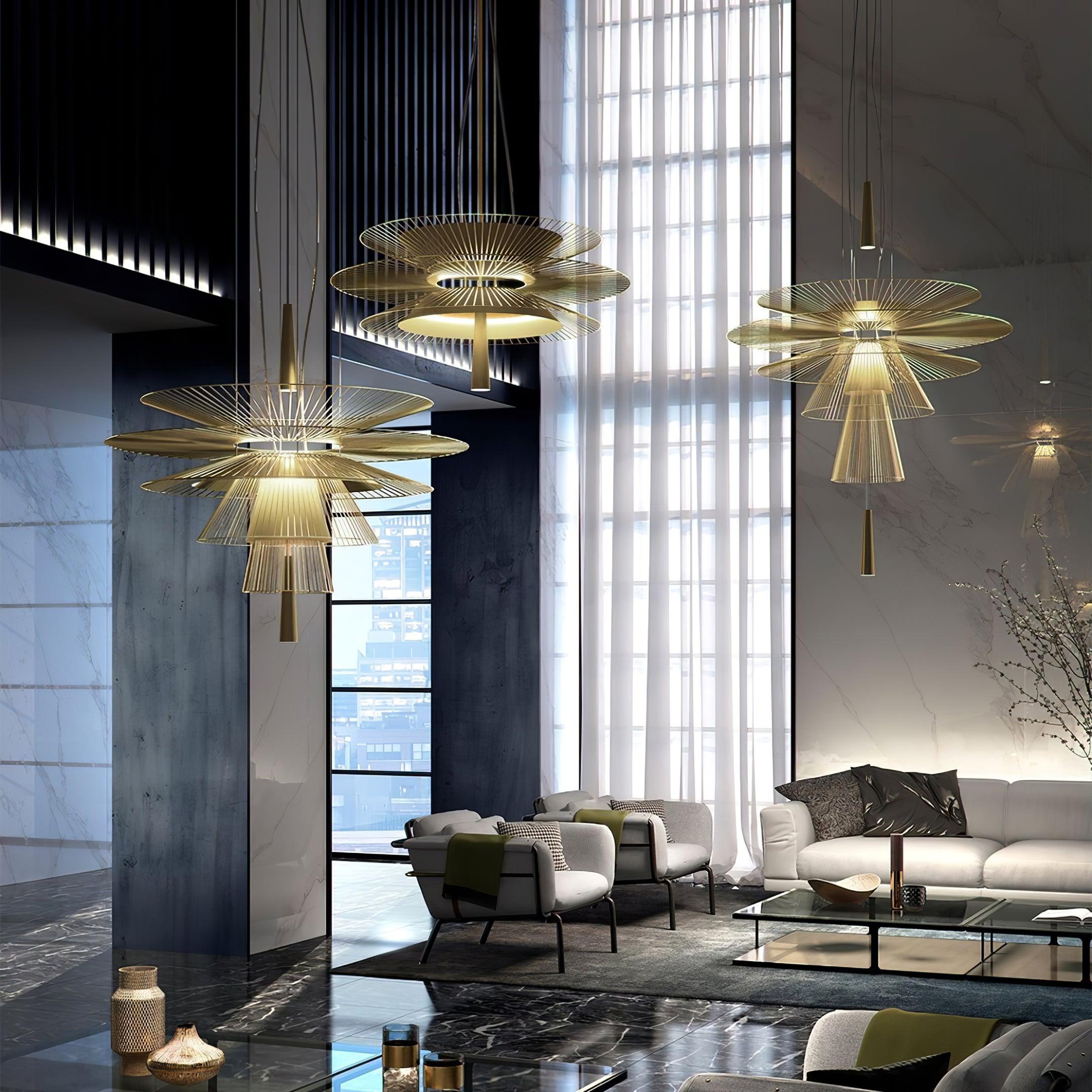 Chandelier Sculptural Layered Wire Frame Statement Bold Modern Centerpiece