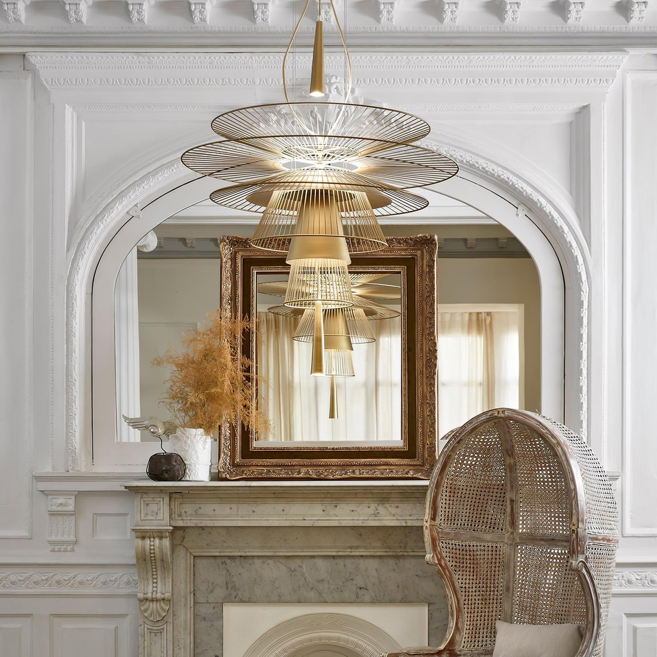 Chandelier Sculptural Layered Wire Frame Statement Bold Modern Centerpiece