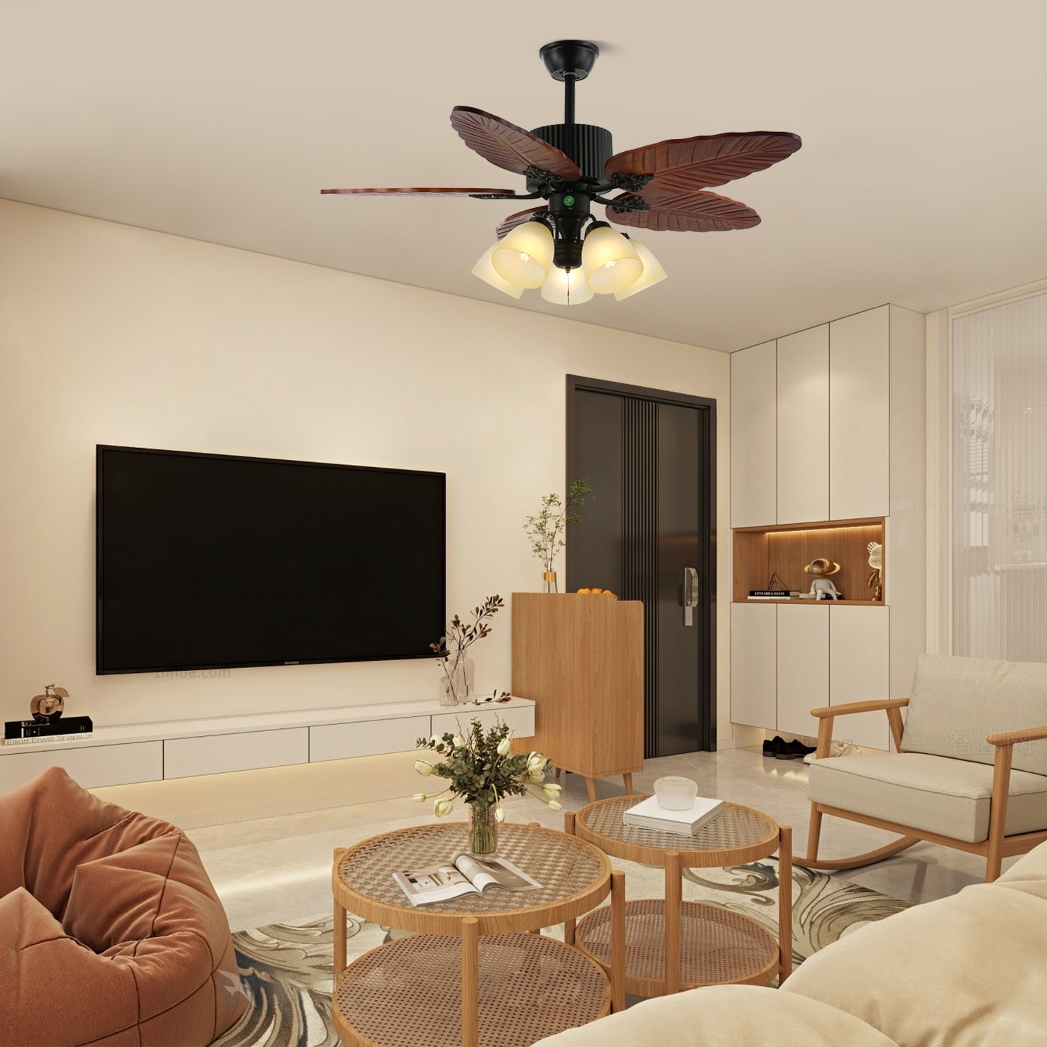 Elara Tropical Wood Glass Ceiling Fan Light-Neutral Decor