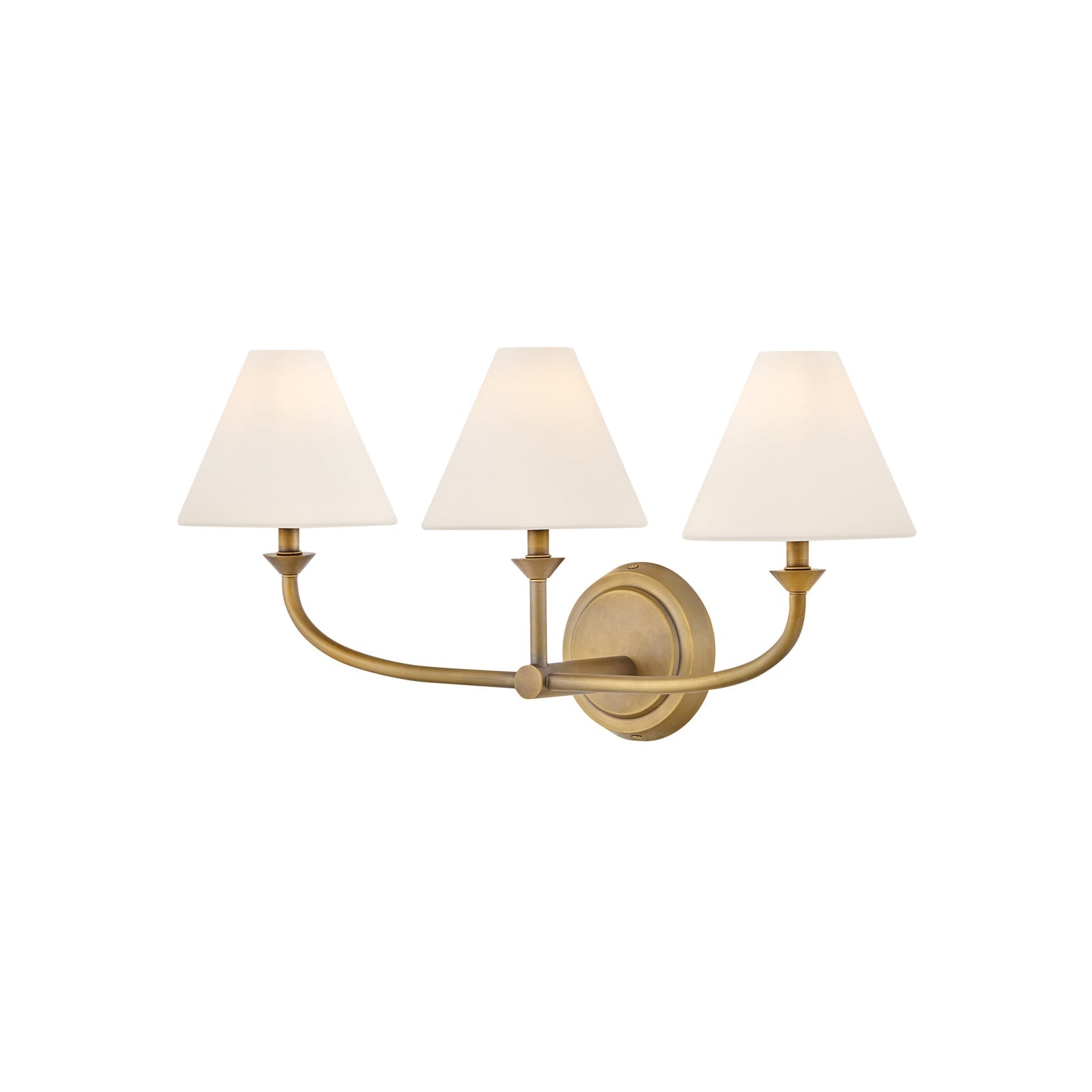 Greta Brass Wall Lamp with two heads against a neutral wall.