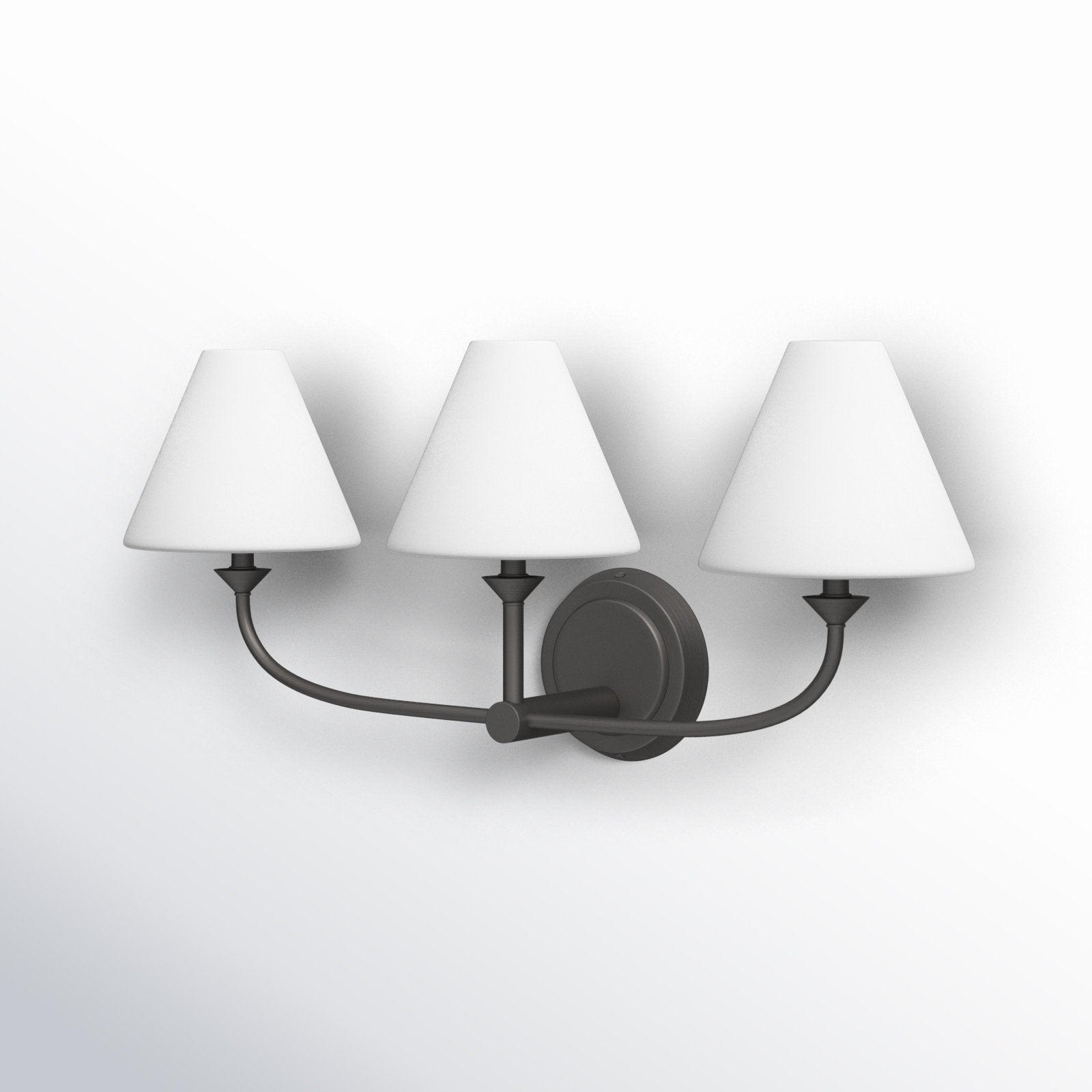 Front view of the three-headed brass lamp against a dark background.