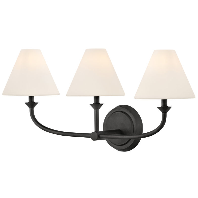 Angled view of the two-headed black lamp.