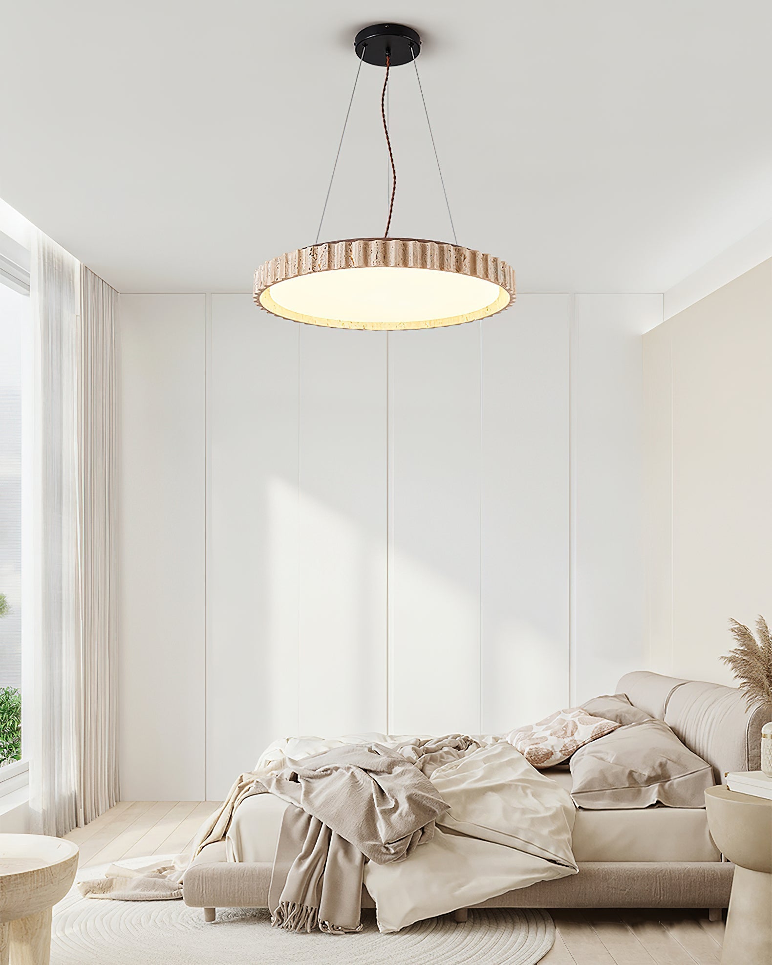 Elvenis Circular Travertine Pendant Light-Neutral Decor