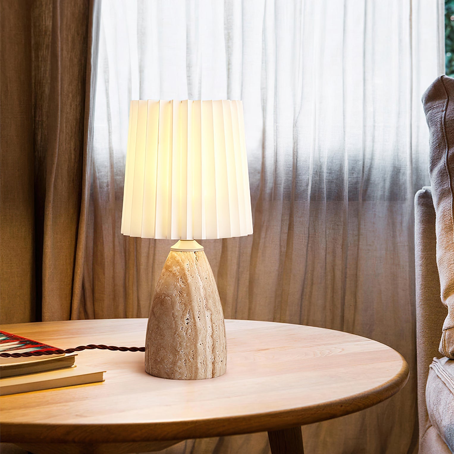 Arsorarae Pleated Travertine Table Lamp-Neutral Decor