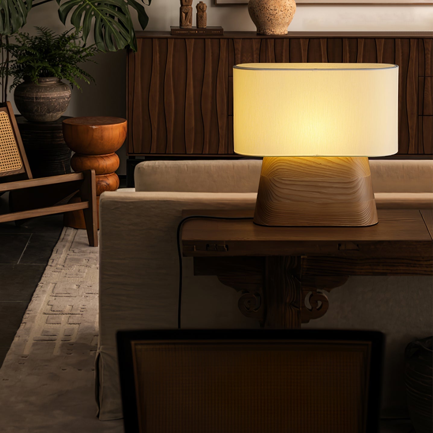 Grashen Wood & Fabric Table Lamp-Neutral Decor
