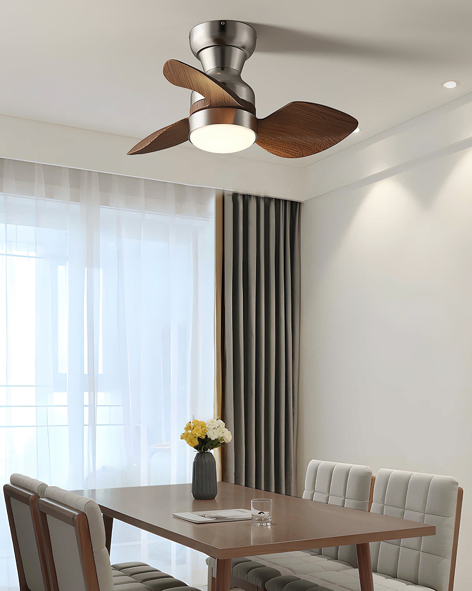 The walnut finish of the Haiku ceiling fan light.