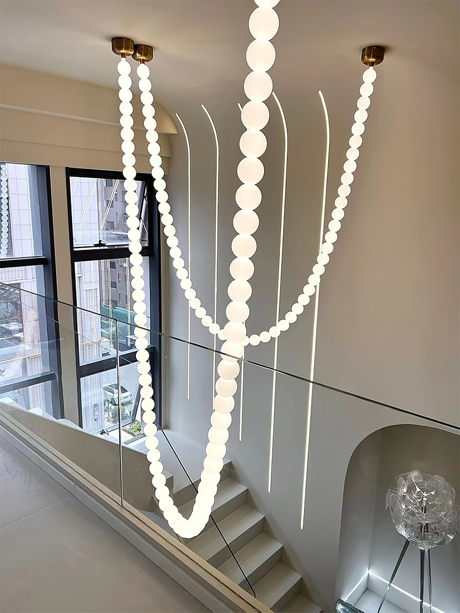 PearlCascade Glass Bead Chandelier-Neutral Decor