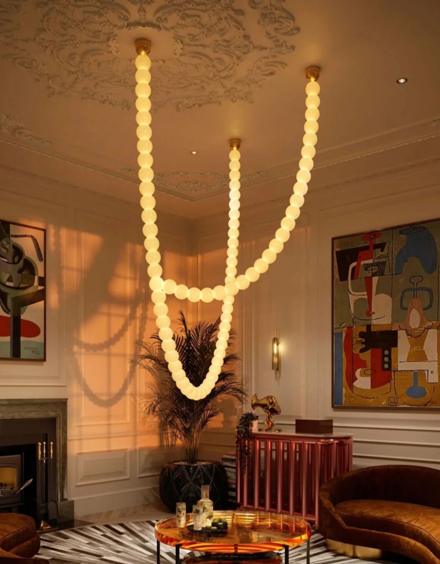 PearlCascade Glass Bead Chandelier-Neutral Decor