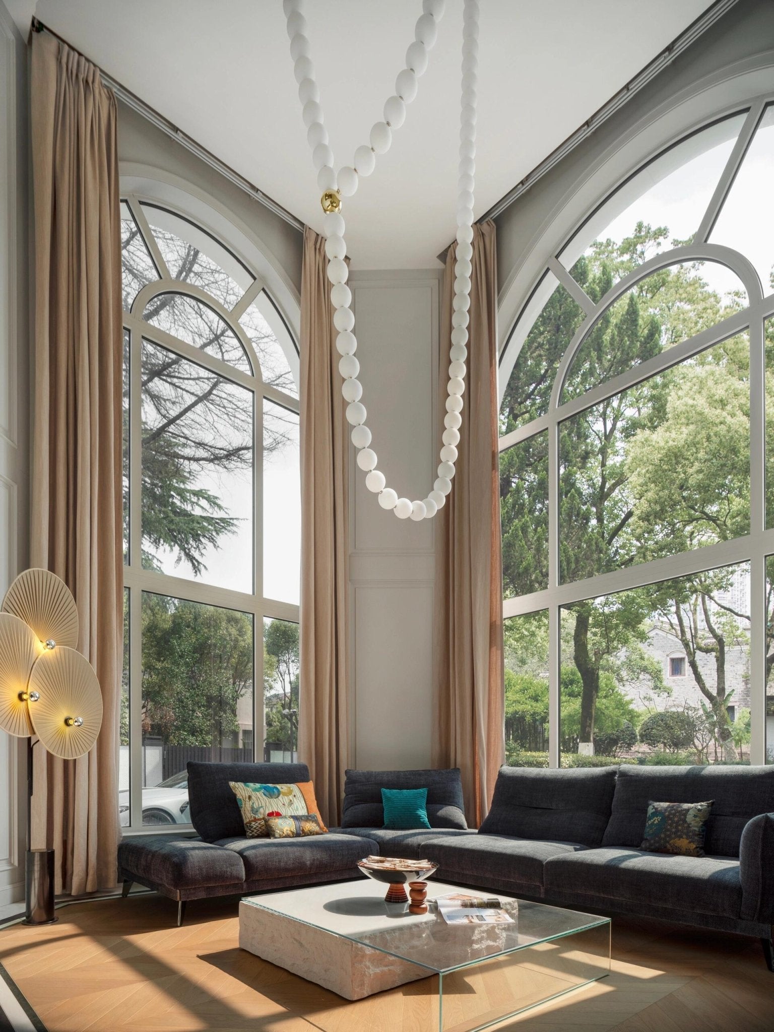 PearlCascade Glass Bead Chandelier-Neutral Decor
