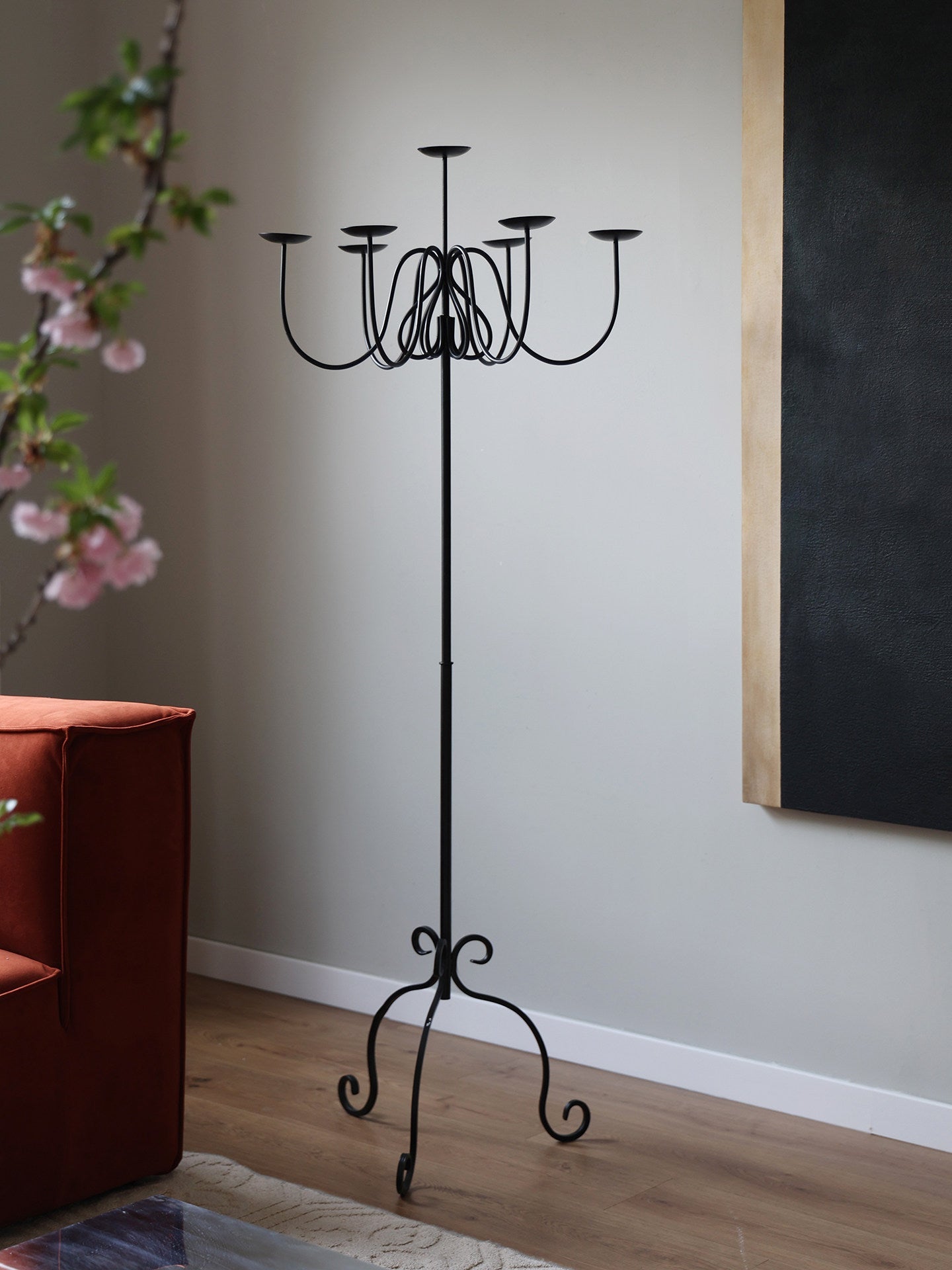Wrought Iron Floor Candelabra-Neutral Decor