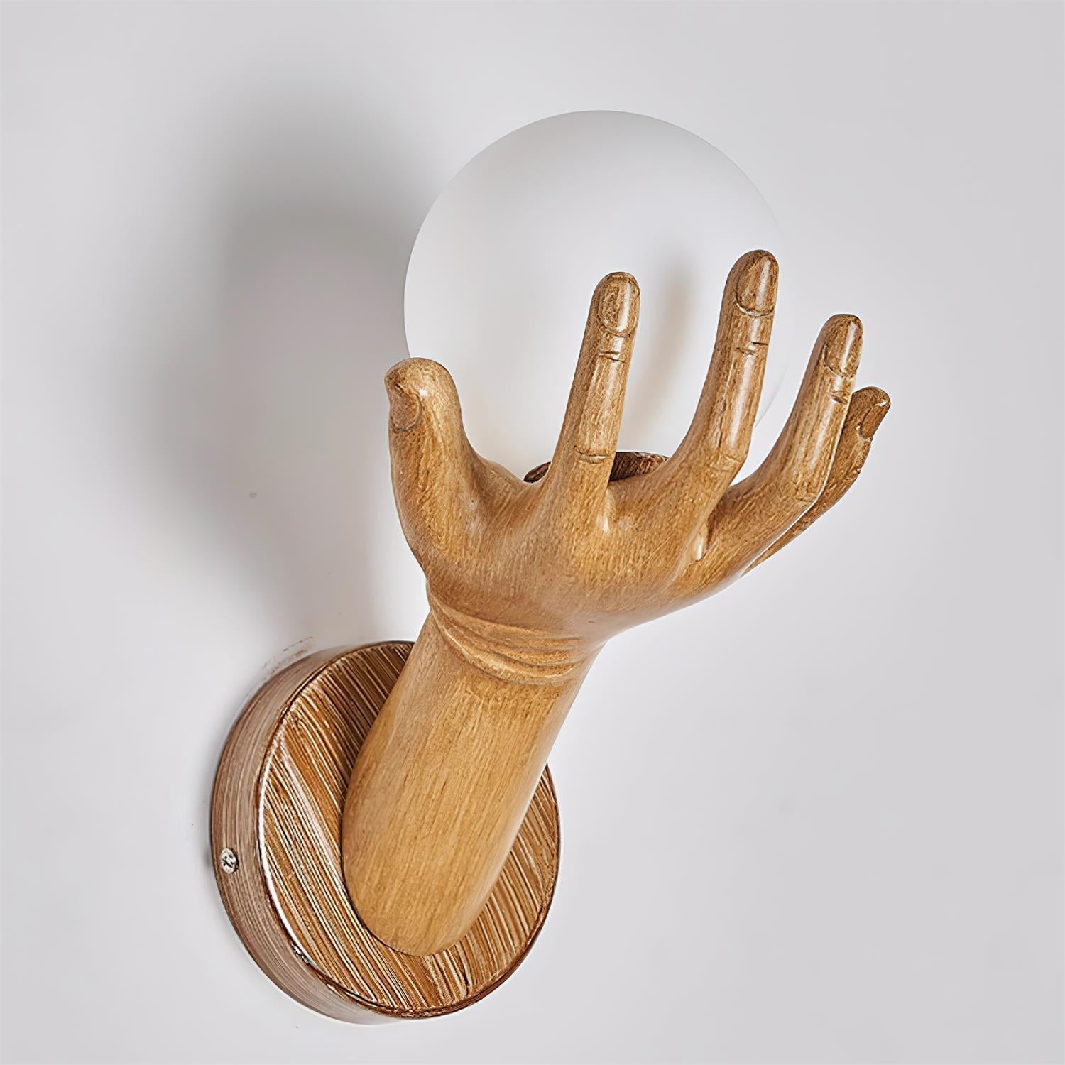 Wall Lamp Polymer Body Hand Shape Globe Shade Wood Grain