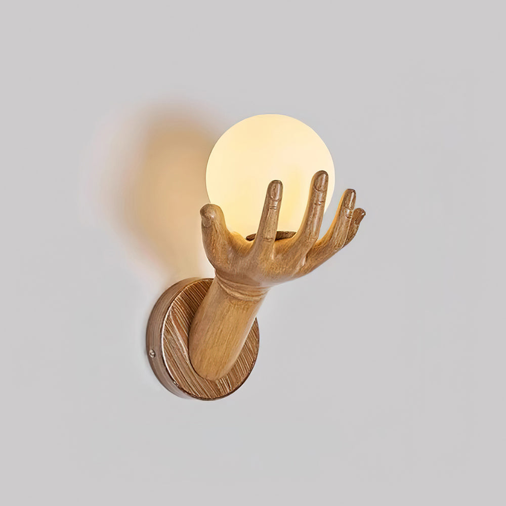 Wall Lamp Polymer Body Hand Shape Globe Shade Wood Grain