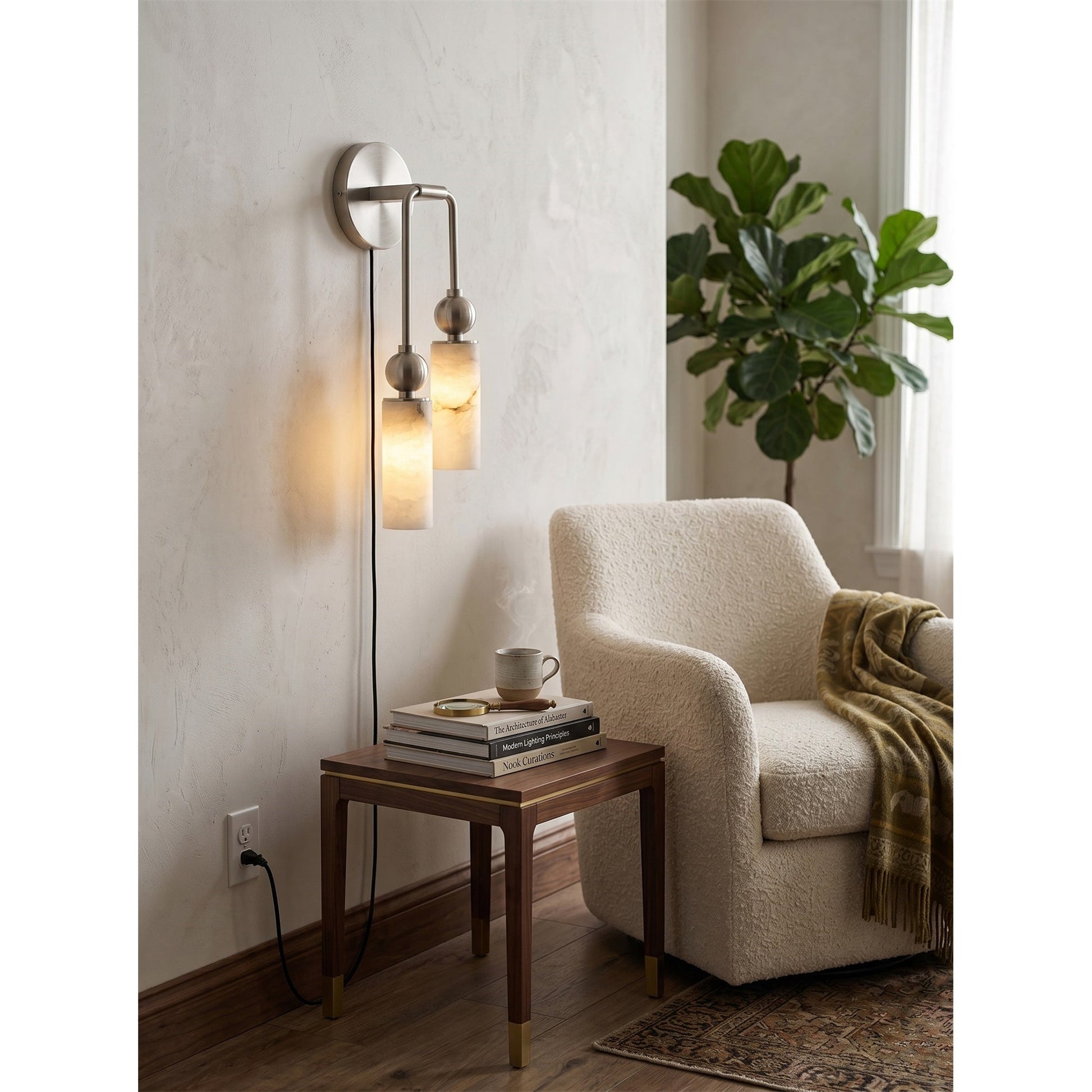 Harlin Alabaster Plug-in Wall Sconce in a matte black finish.