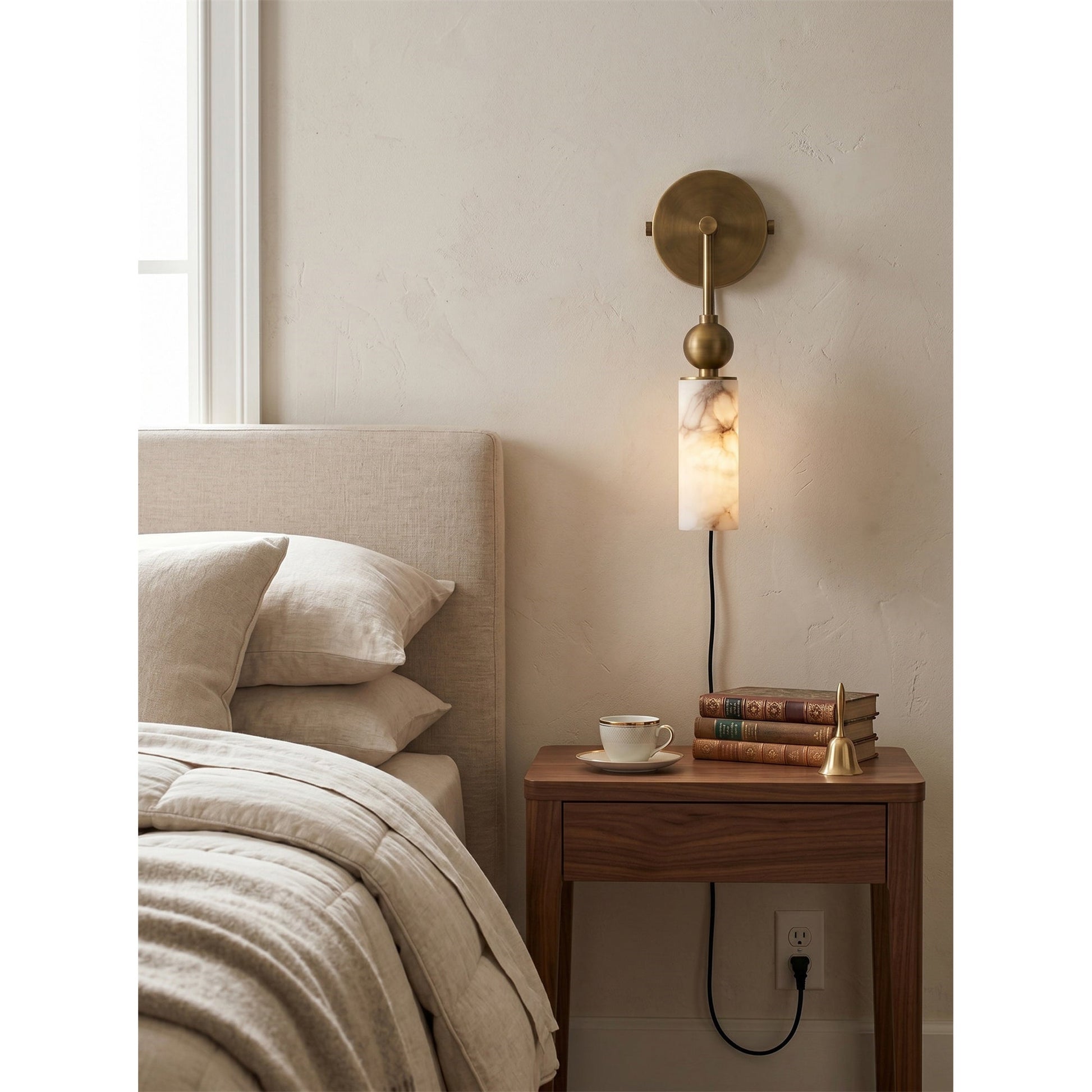 Harlin Alabaster Plug-in Wall Sconce in a polished nickel finish.