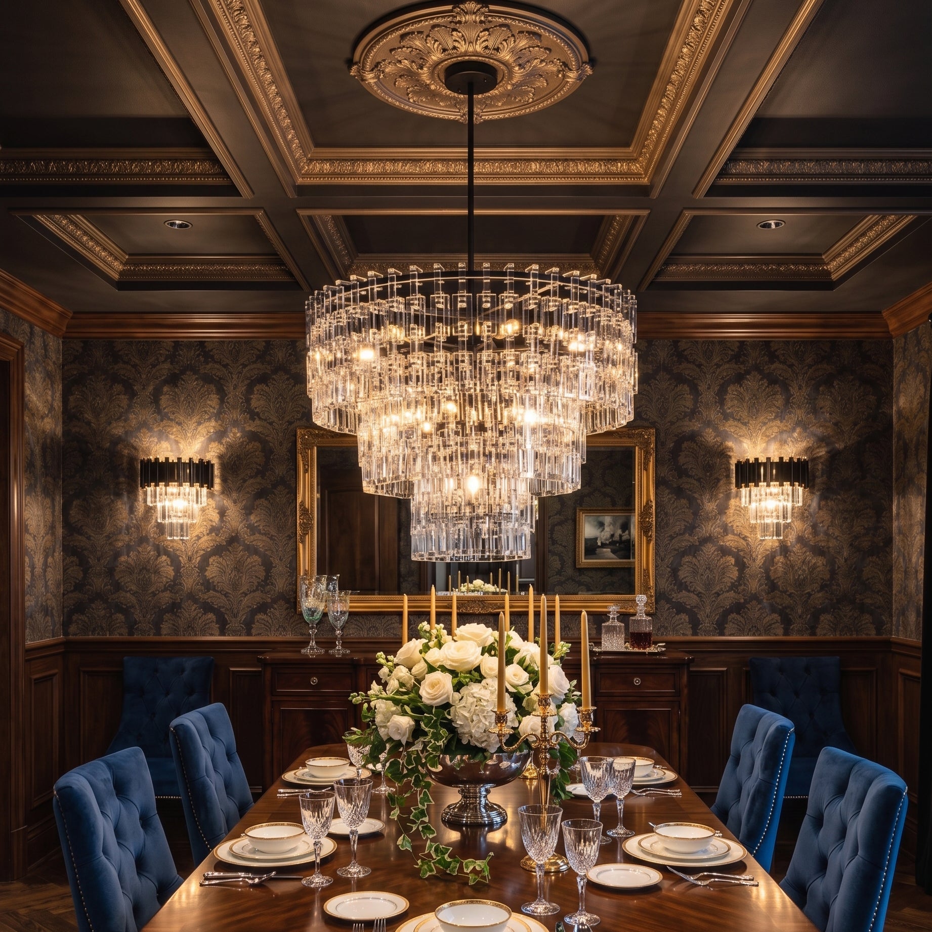 Close-up view of the cascading geometric crystal prisms on the Harlow Chandelier.