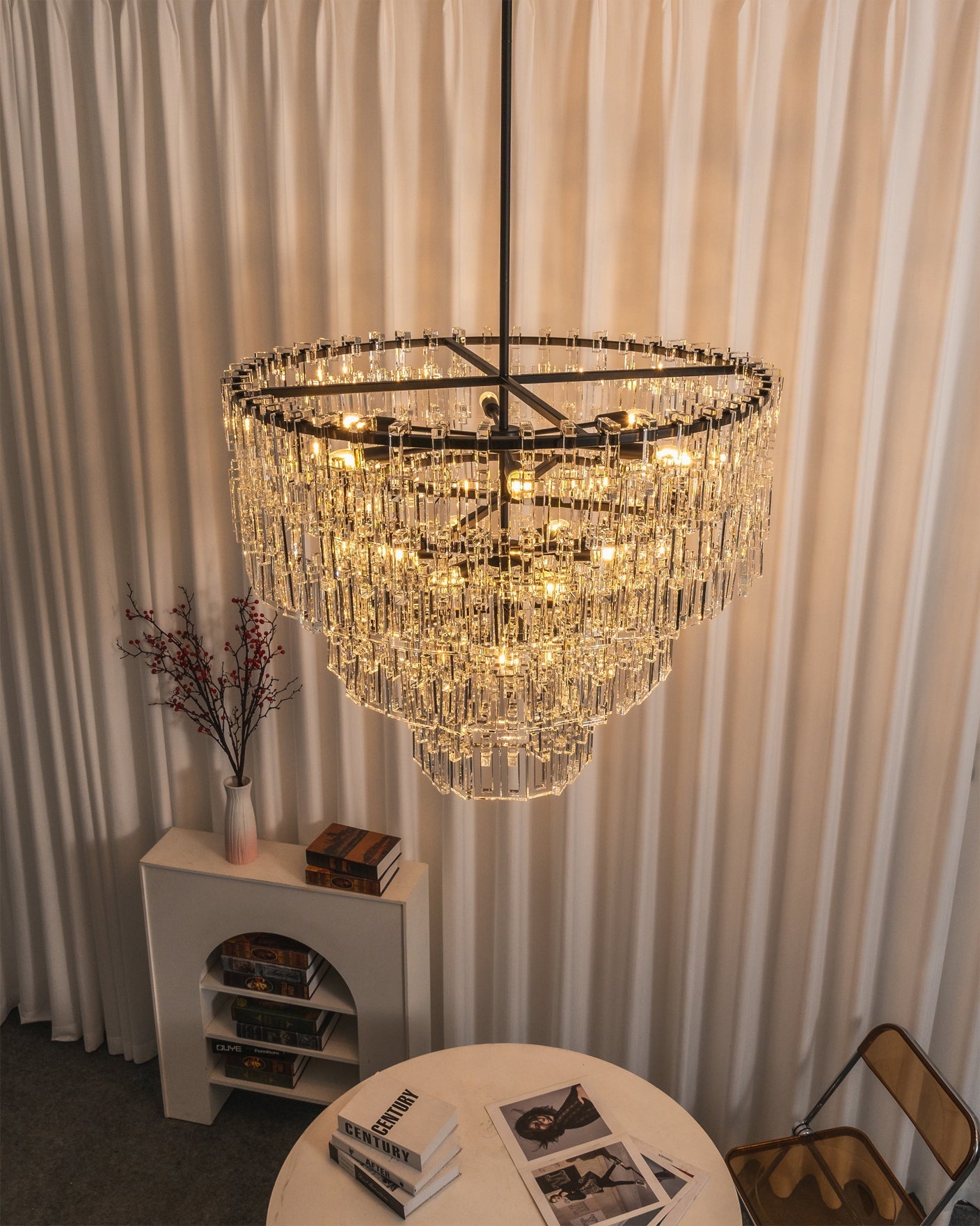 Product dimensions displayed on an image of the Harlow Chandelier.