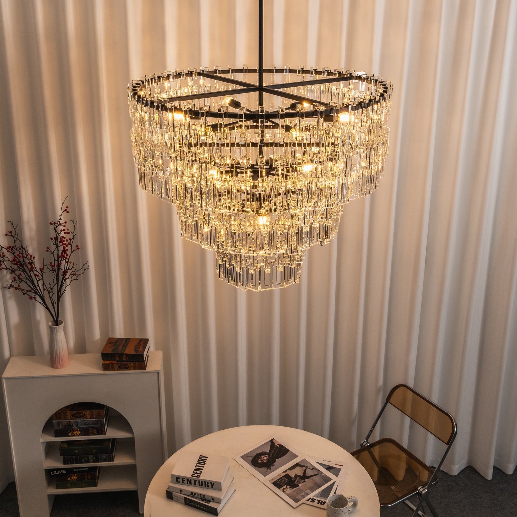 The dense matrix of crystal prisms on the Harlow Chandelier.