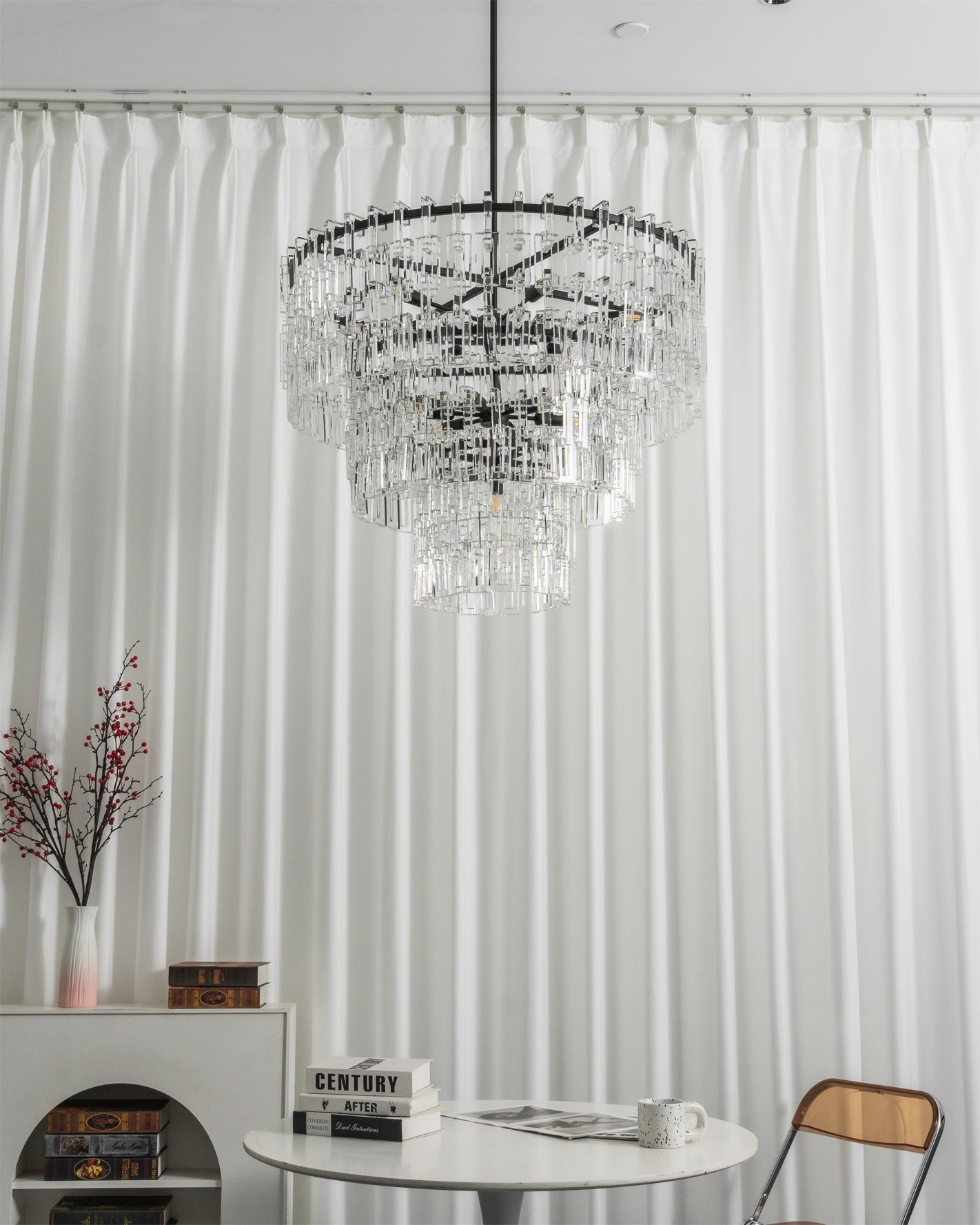 Another angle of the Harlow Chandelier over a dining table.