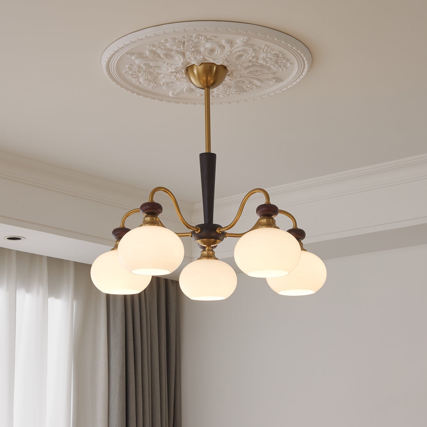 Calaeila Traditional Elegance Sphere Wood Glass Chandelier-Neutral Decor