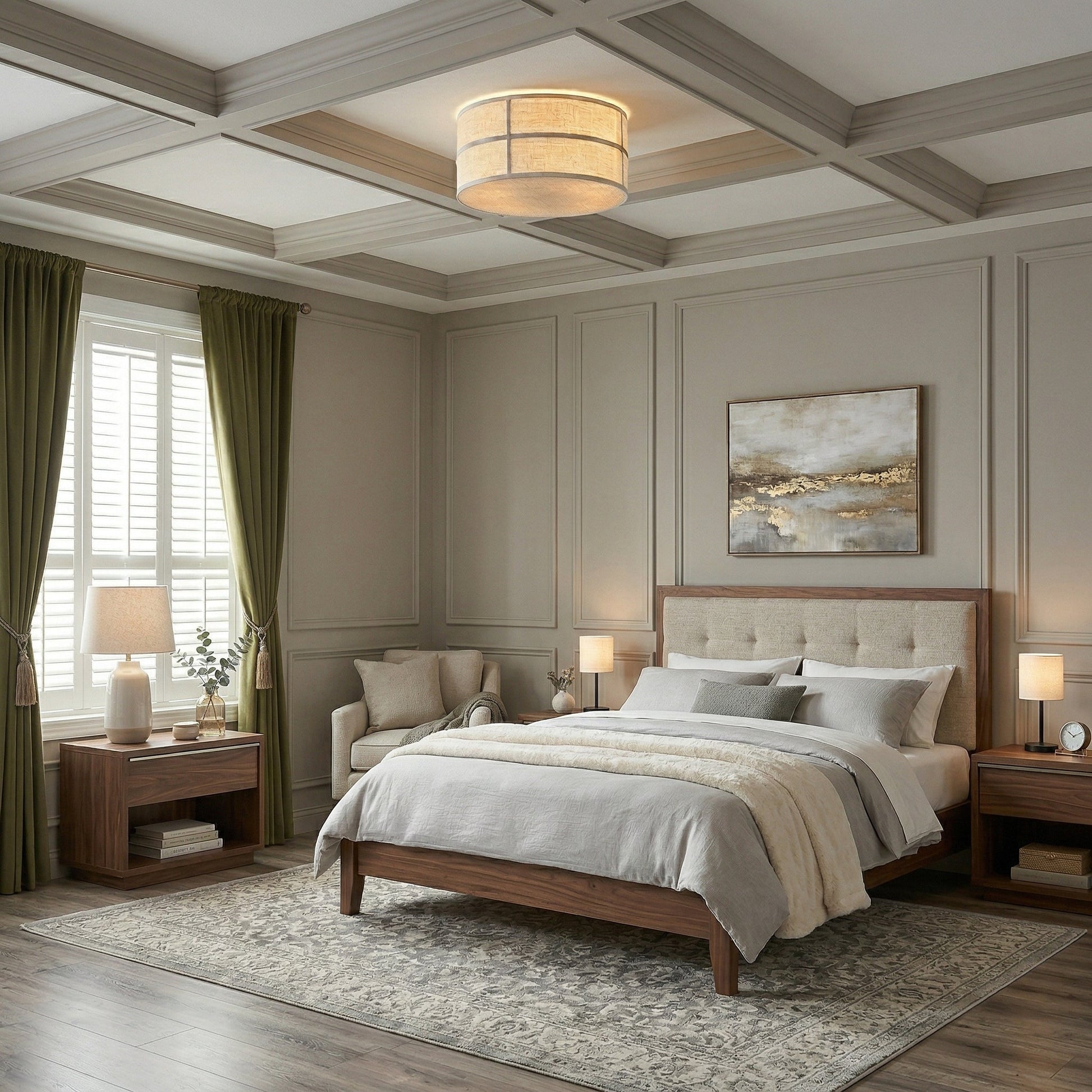 Lifestyle image of the Hashira Ceiling Lamp in a modern bedroom setting.