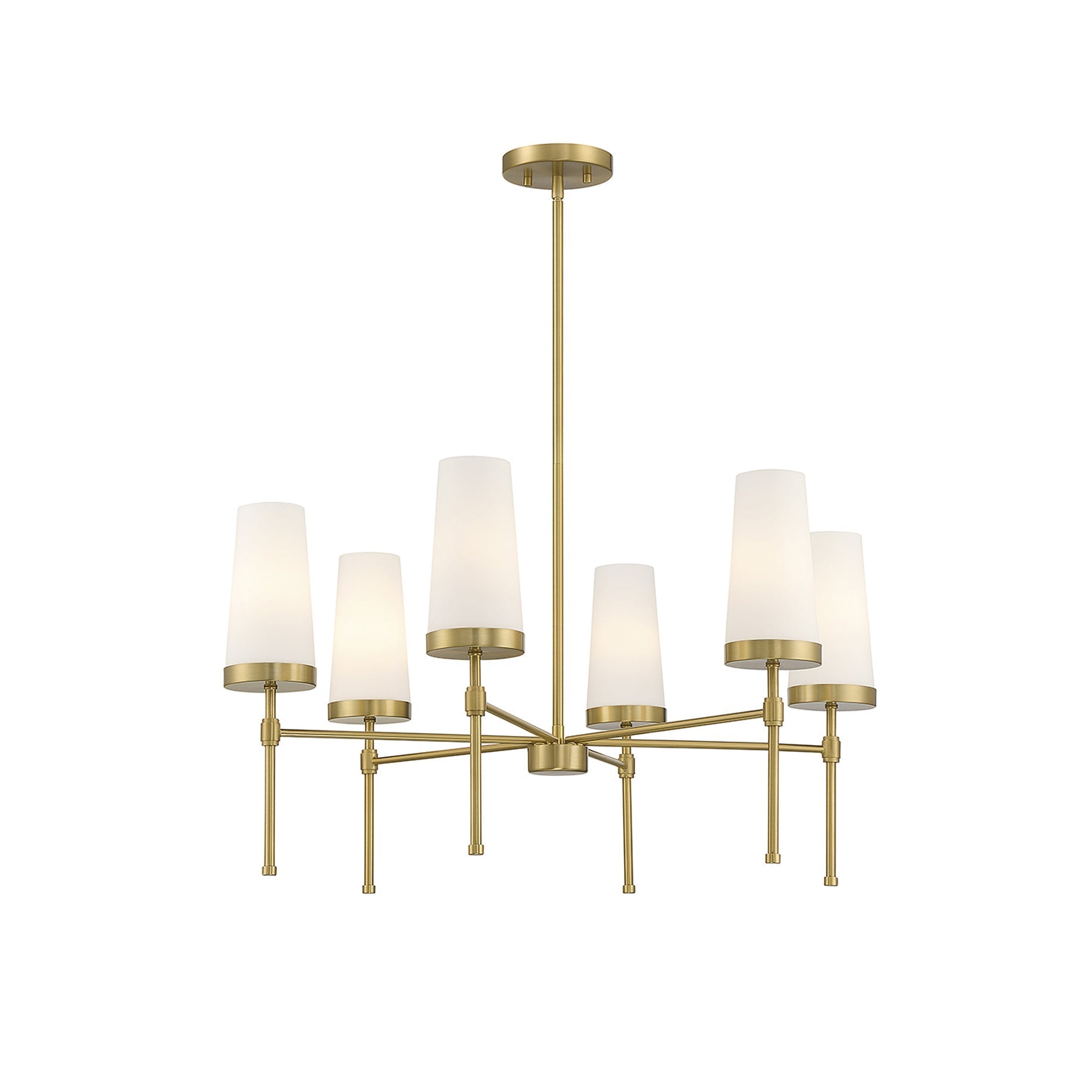 Haynes Chandelier in a brass finish with six tapered white glass shades.