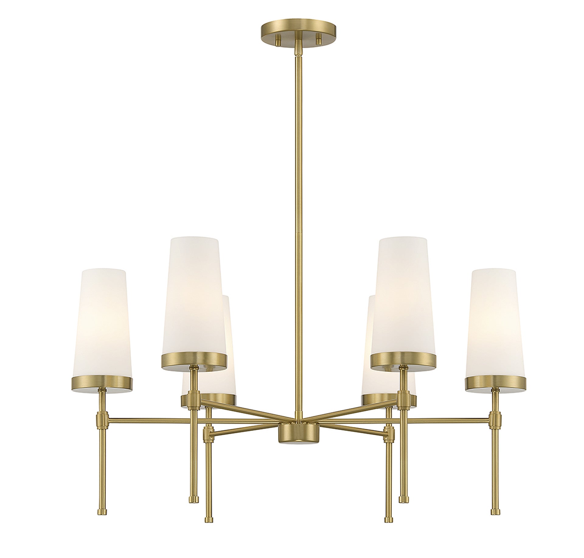 Close-up view of the Haynes Chandelier's brass frame and a glass shade.