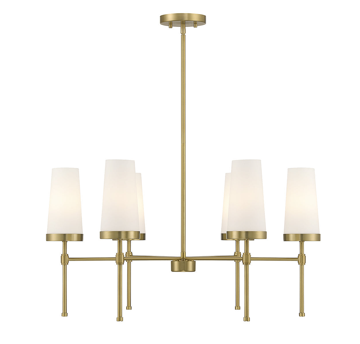 Angled view of the Haynes Chandelier in brass, highlighting its structure.