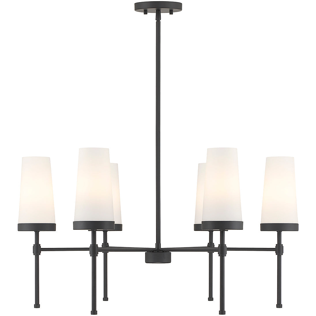 Detail shot of a single tapered white glass shade on the Haynes Chandelier.