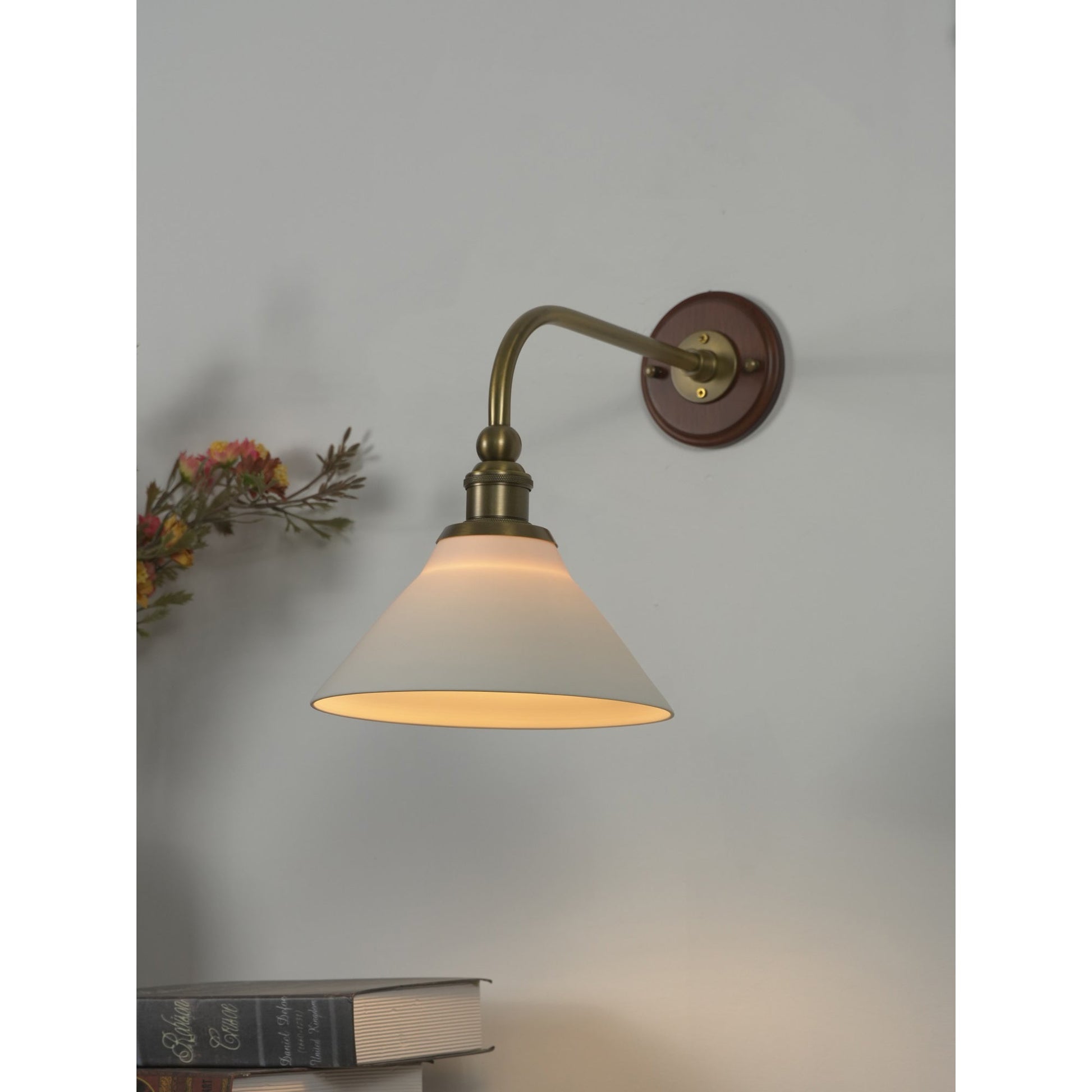 Top-down view of the ceramic shade and brass arm.