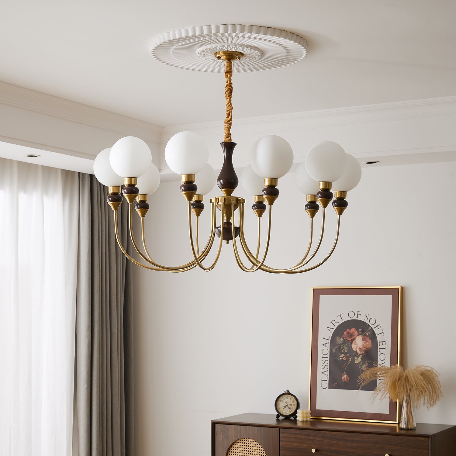 Lustra Chandelier Brass Arms Frosted Glass Globes-Neutral Decor