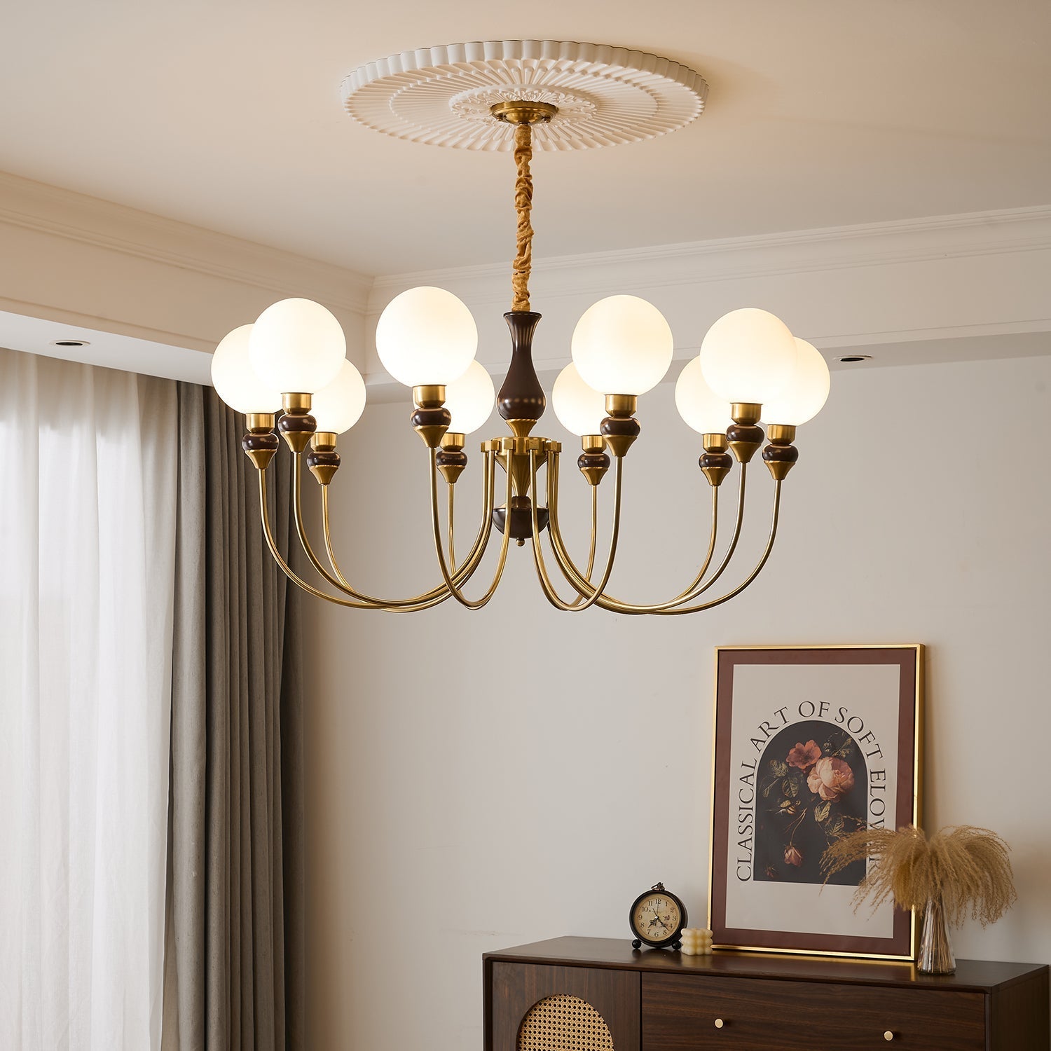 Lustra Chandelier Brass Arms Frosted Glass Globes-Neutral Decor