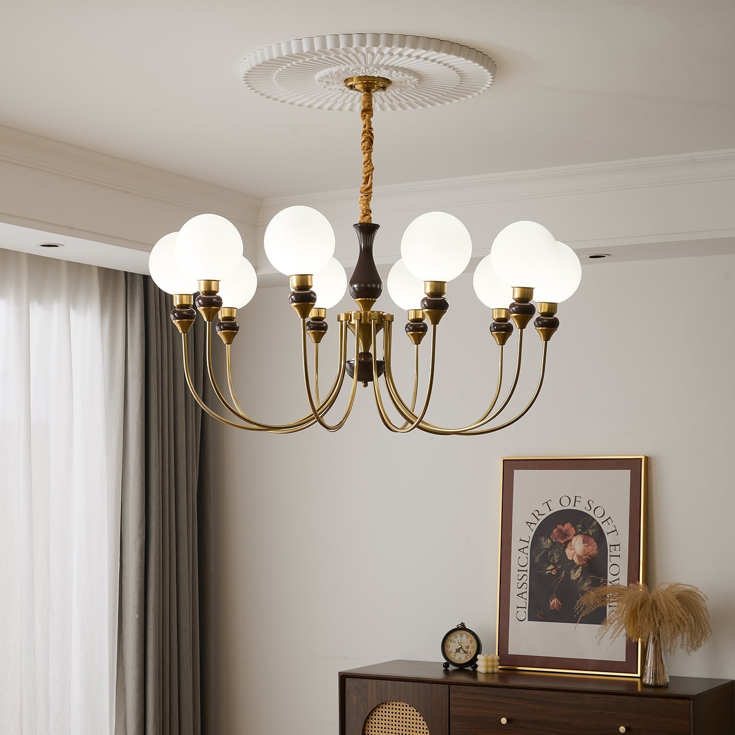 Lustra Chandelier Brass Arms Frosted Glass Globes-Neutral Decor