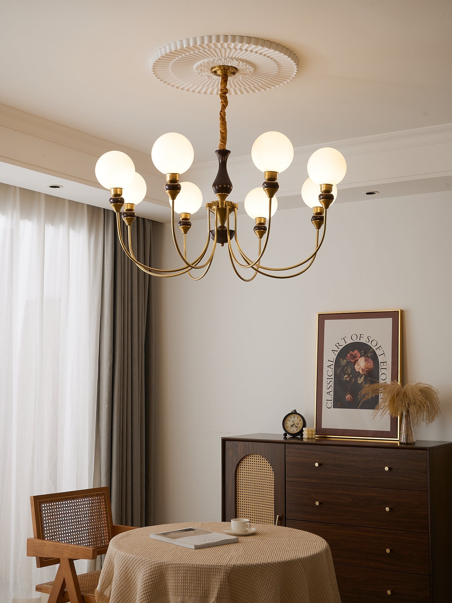 Lustra Chandelier Brass Arms Frosted Glass Globes-Neutral Decor