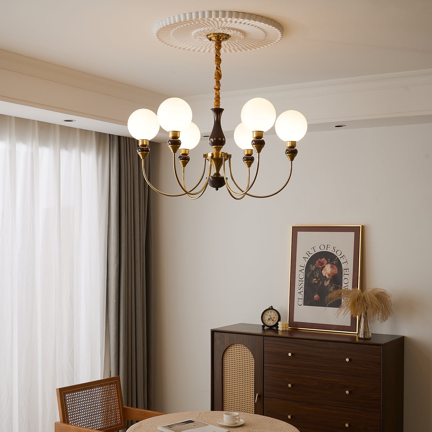 Lustra Chandelier Brass Arms Frosted Glass Globes-Neutral Decor