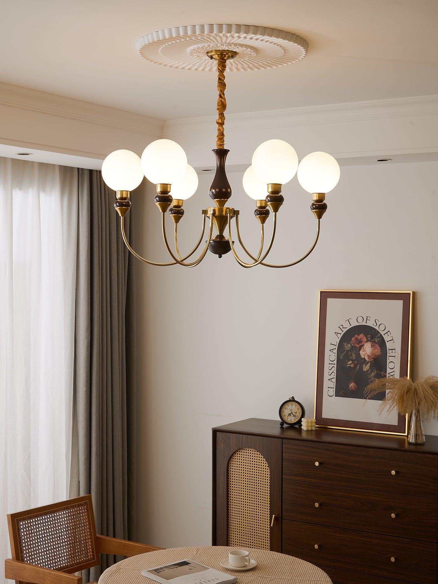 Lustra Chandelier Brass Arms Frosted Glass Globes-Neutral Decor