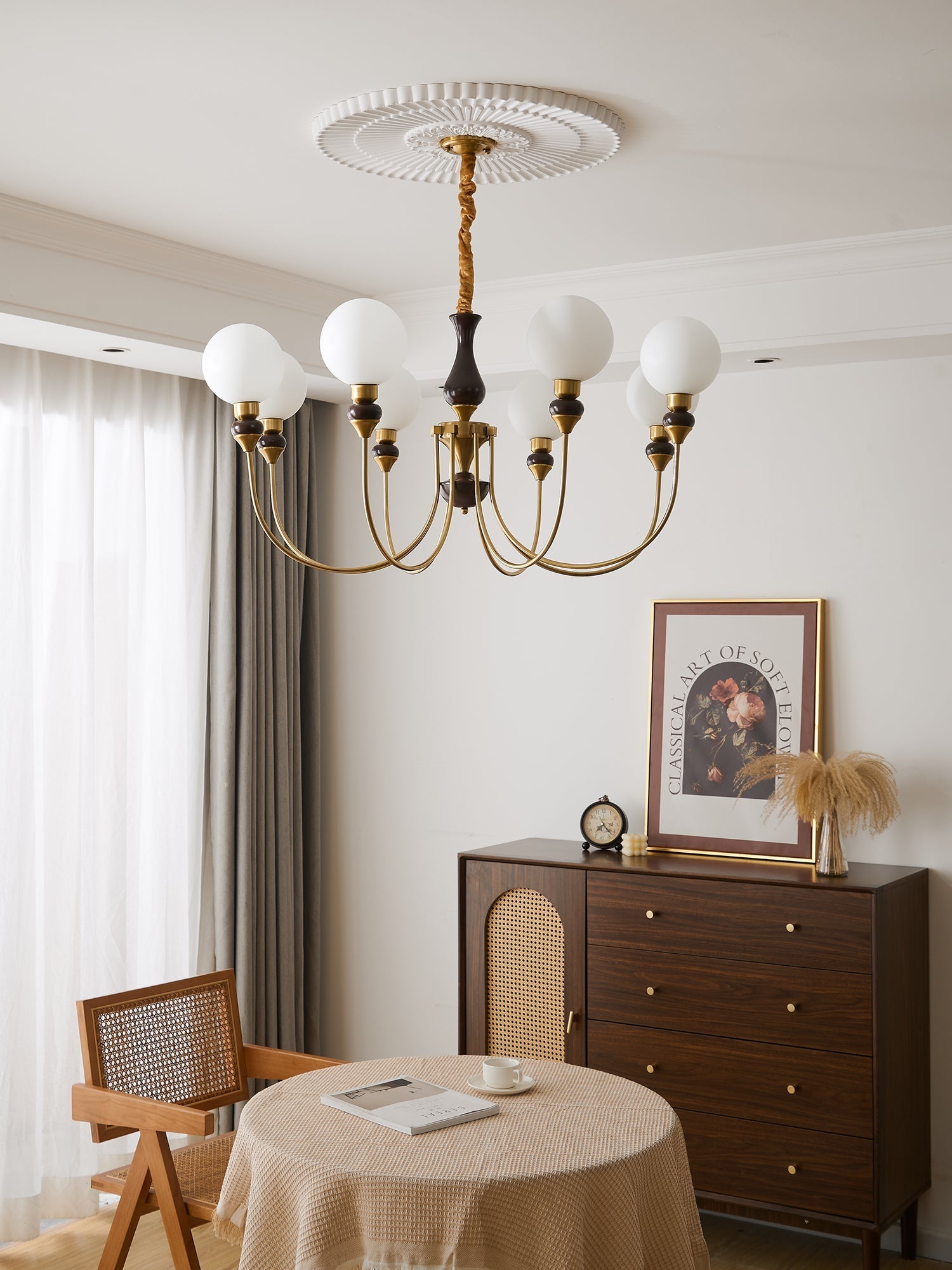 Lustra Chandelier Brass Arms Frosted Glass Globes-Neutral Decor