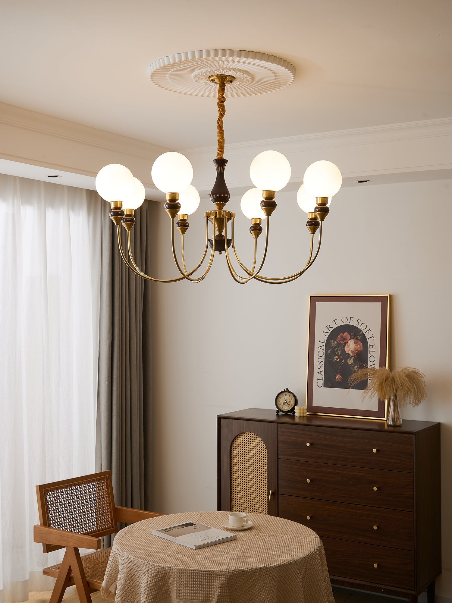 Lustra Chandelier Brass Arms Frosted Glass Globes-Neutral Decor