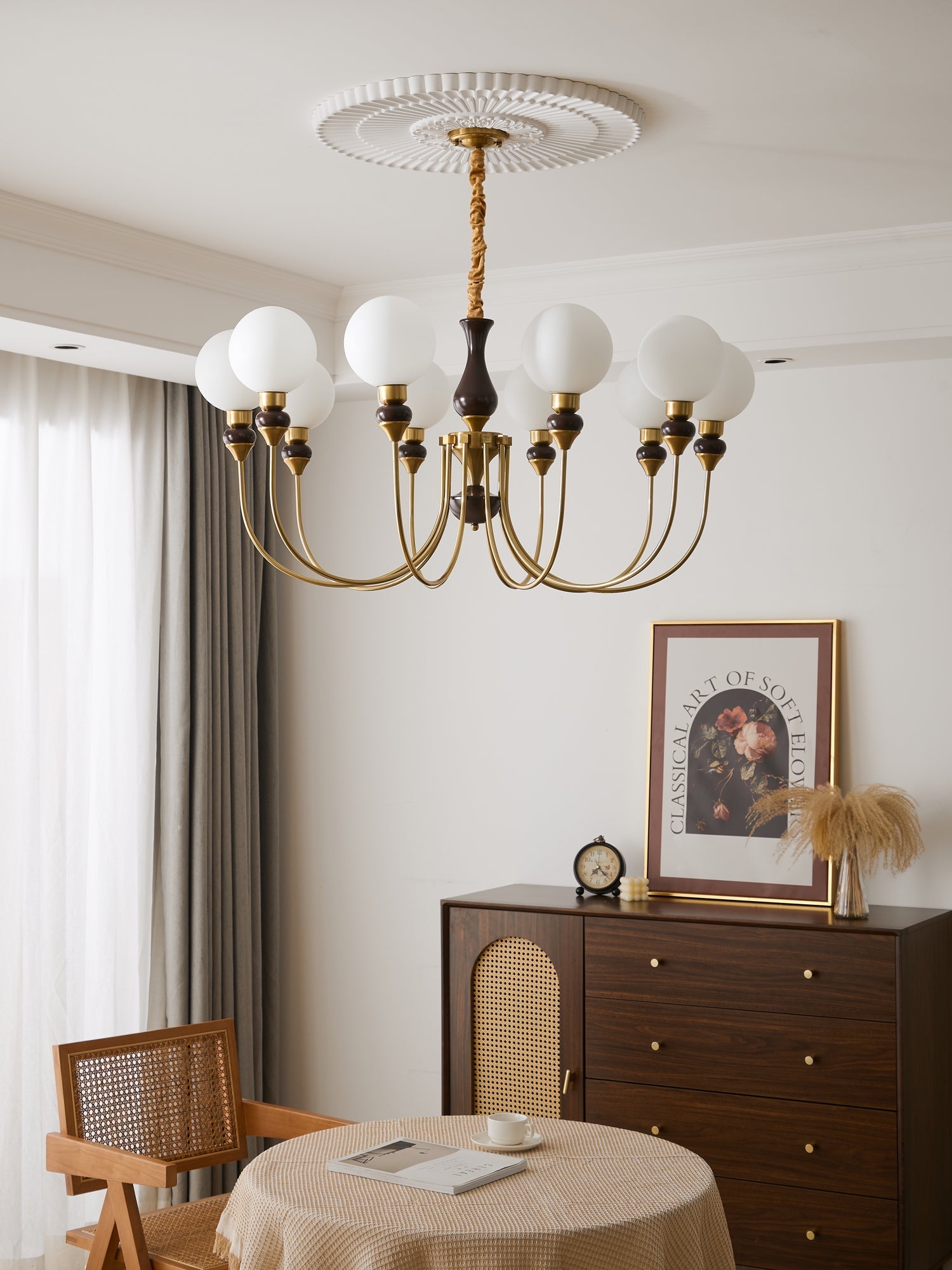Lustra Chandelier Brass Arms Frosted Glass Globes-Neutral Decor