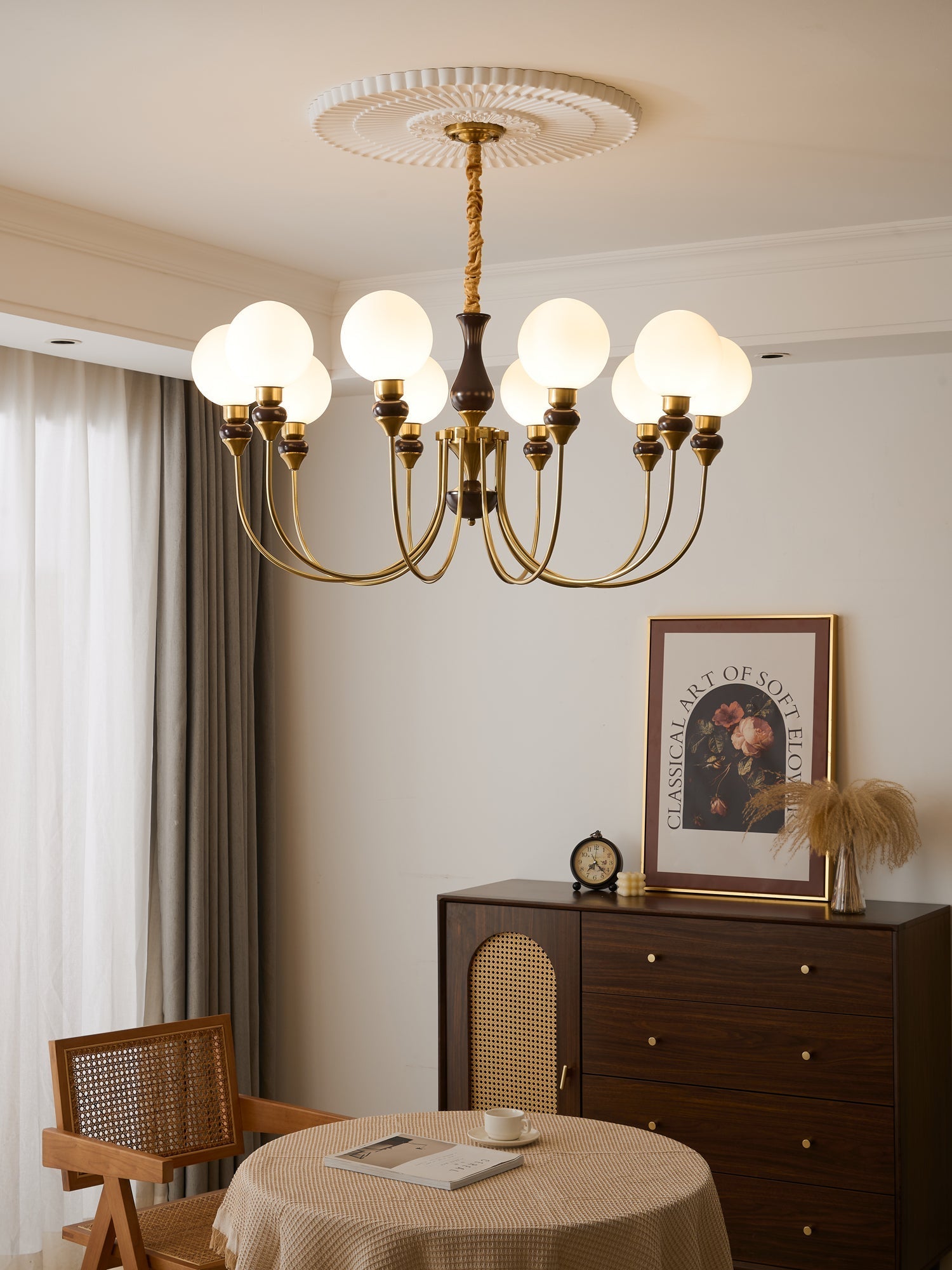 Lustra Chandelier Brass Arms Frosted Glass Globes-Neutral Decor