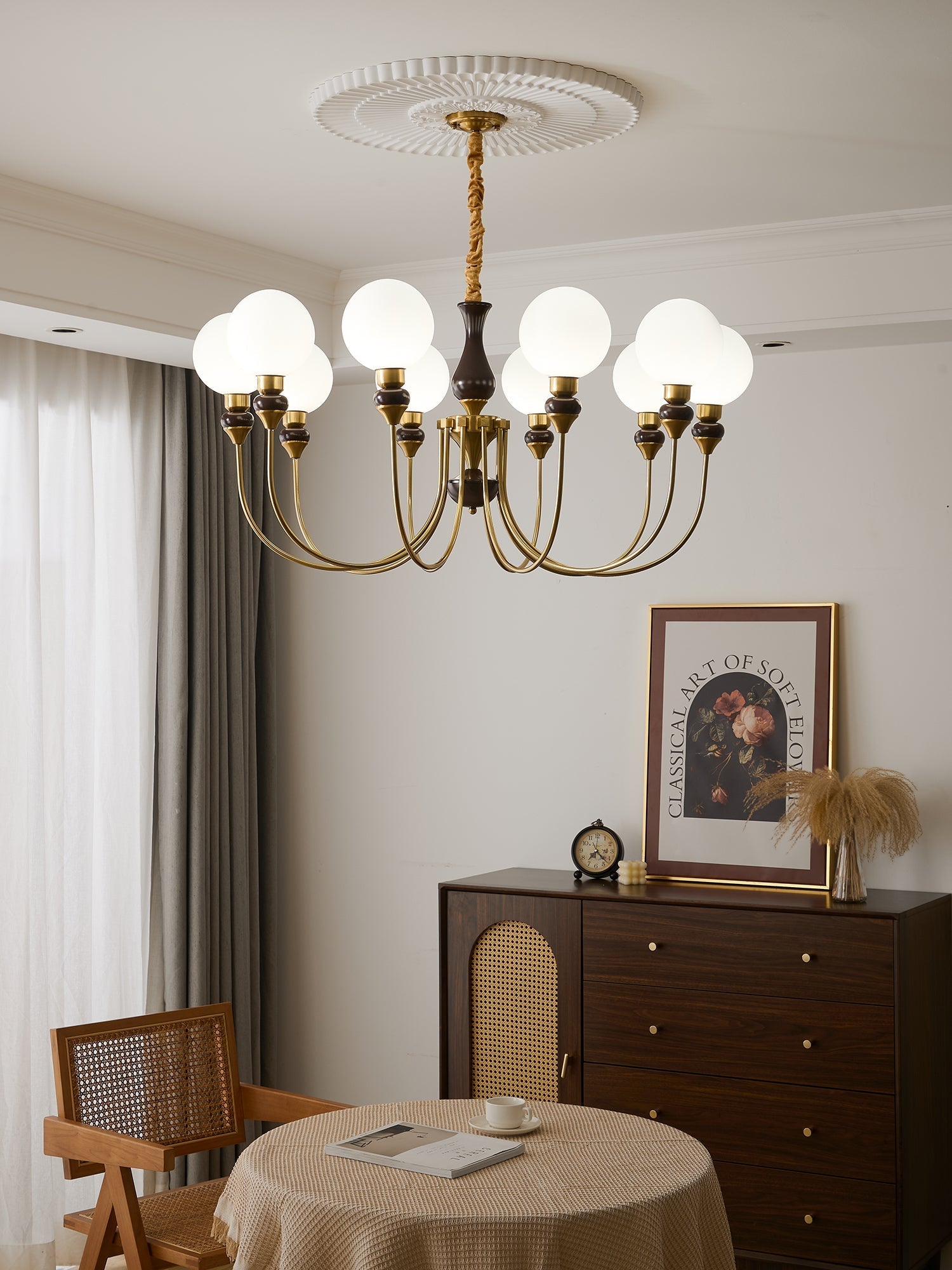 Lustra Chandelier Brass Arms Frosted Glass Globes-Neutral Decor